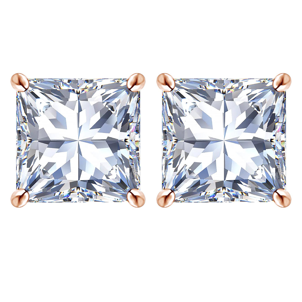 4 Carat Princess Cut Moissanite 4 Prong Solitaire Stud Earrings In 18K Rose Gold Plating Over Silver