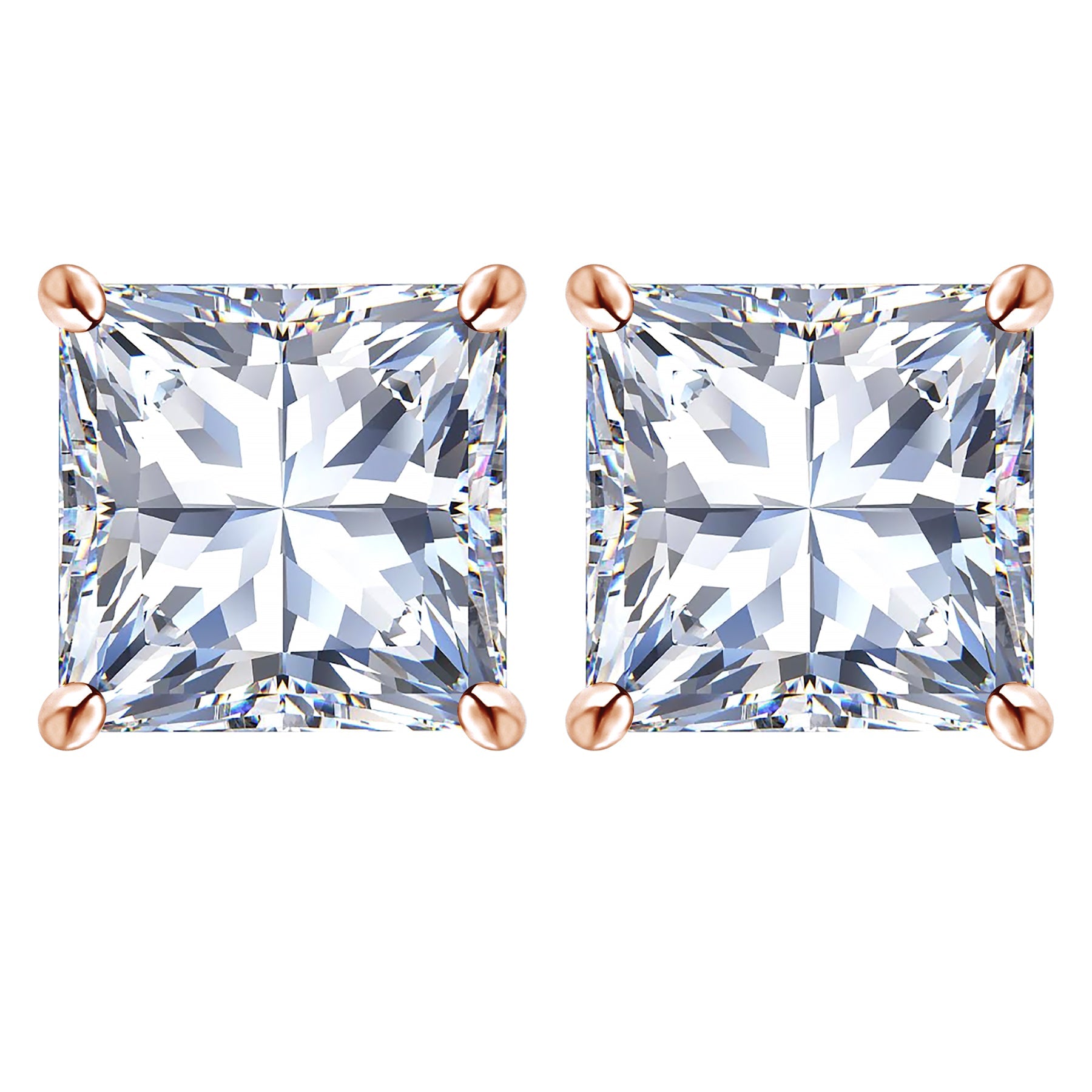 4 Carat Princess Cut Moissanite 4 Prong Solitaire Stud Earrings In 18K Rose Gold Plating Over Silver