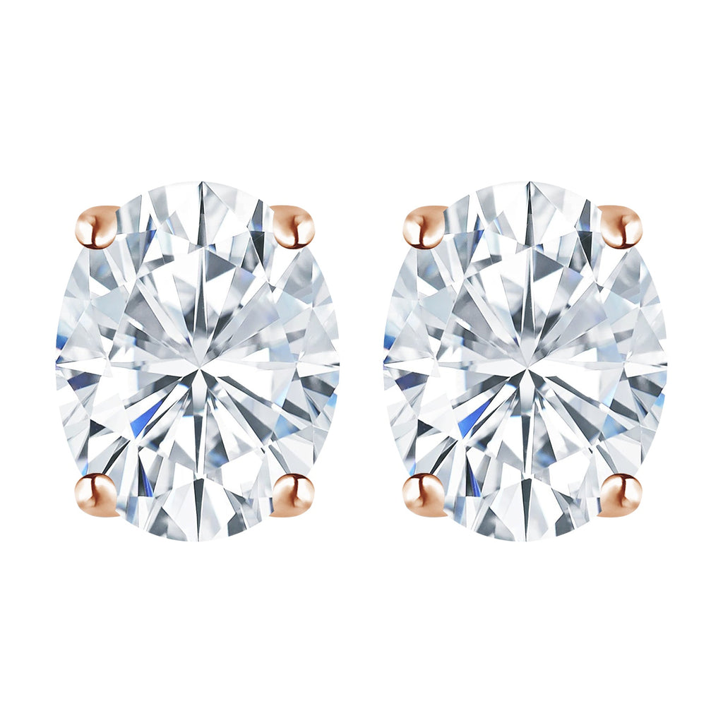 JeenMata 2 Carat Oval Cut Moissanite Solitaire Stud Earrings - 4 Prong - In 18K Rose Gold Plating Over Silver.