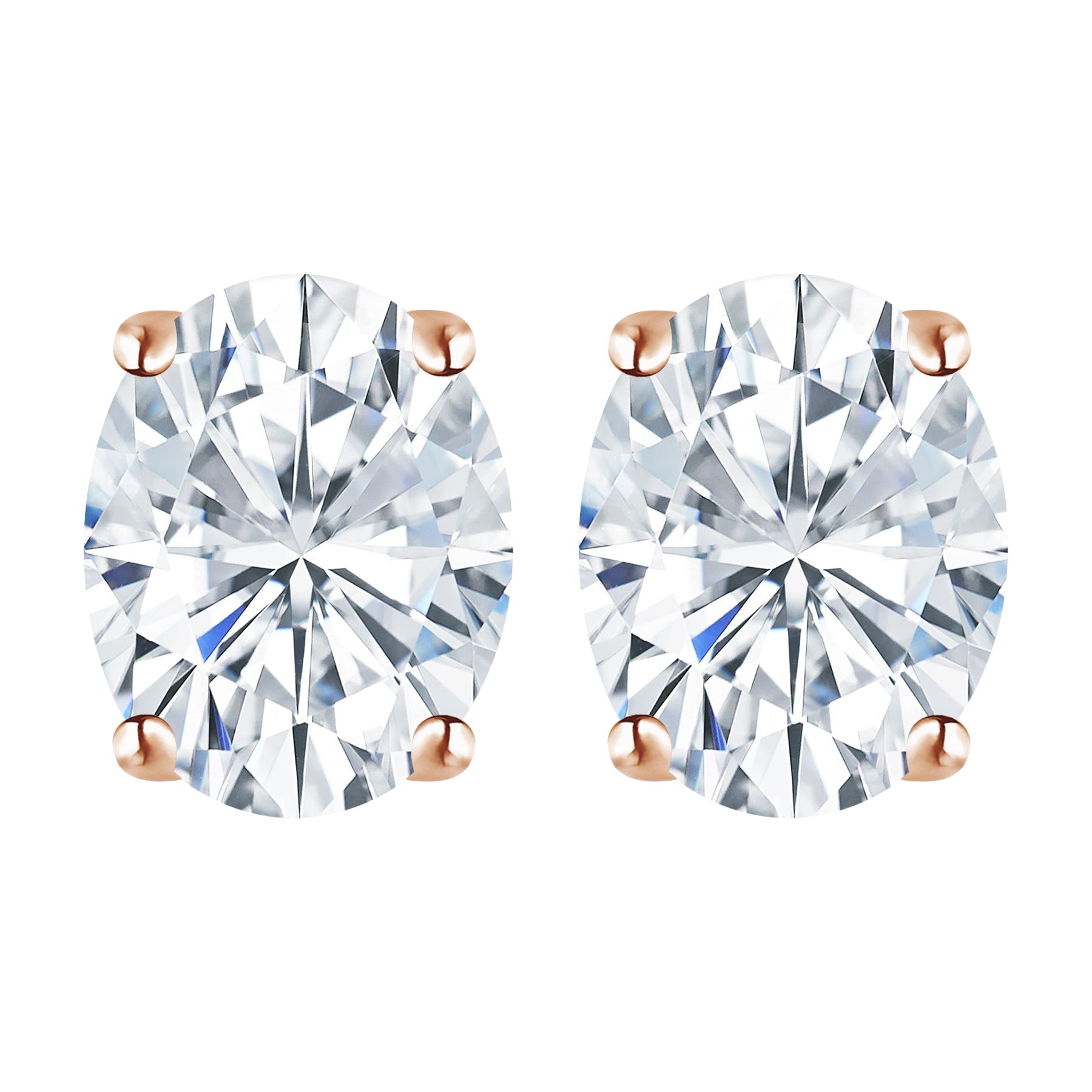 JeenMata 1 Carat Oval Cut Moissanite Solitaire Stud Earrings - 4 Prong - 18K Rose Gold Plating Over Silver