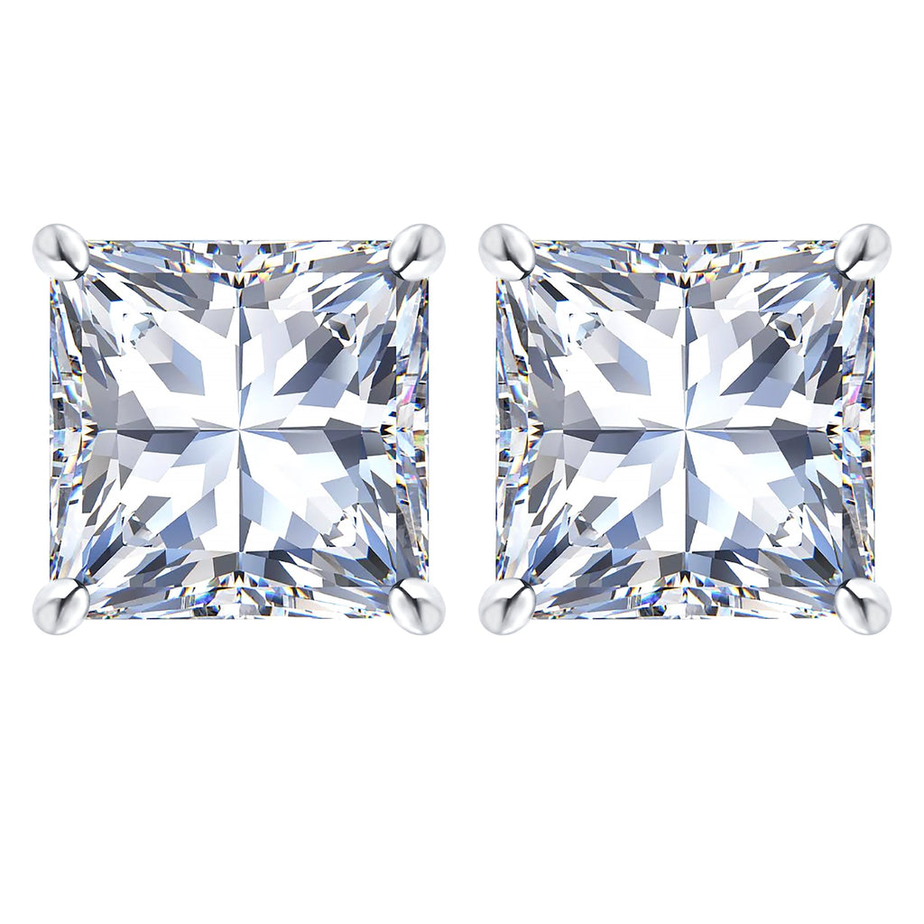 JeenMata 4 Carat Princess Cut Moissanite 4 Prong Solitaire Stud Earrings in 18k White Gold Plating for Women