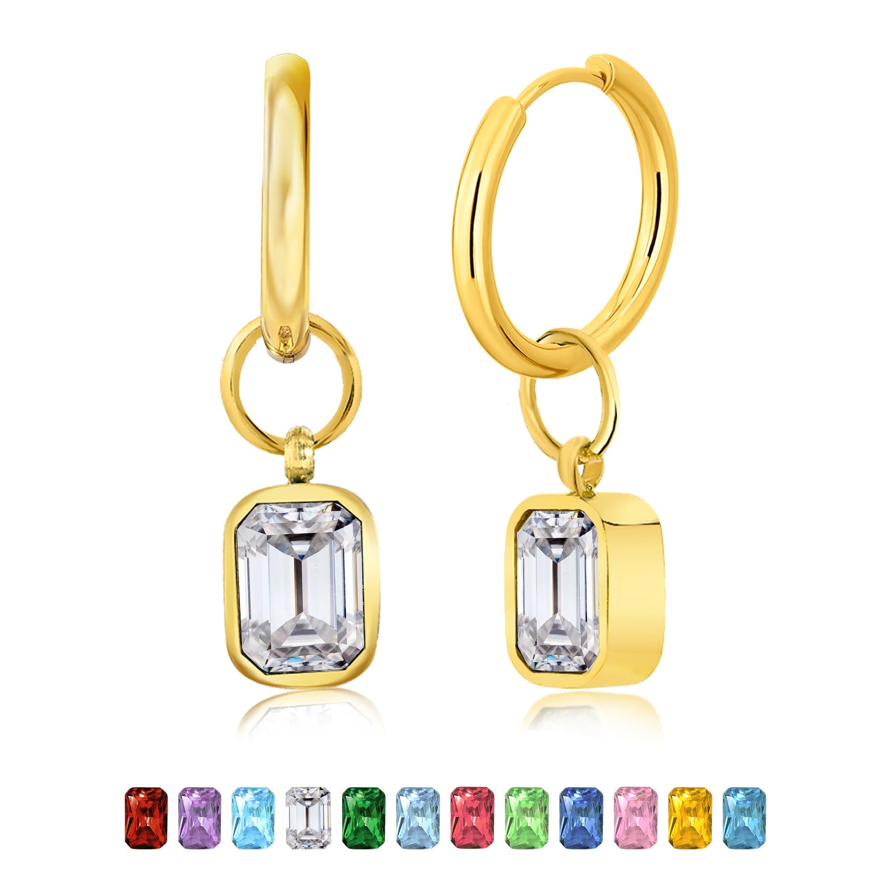 2 Carat Emerald Cut - Cubic Zirconia - April Bezel Huggie Hoop Earrings - 18K Yellow Gold Plating