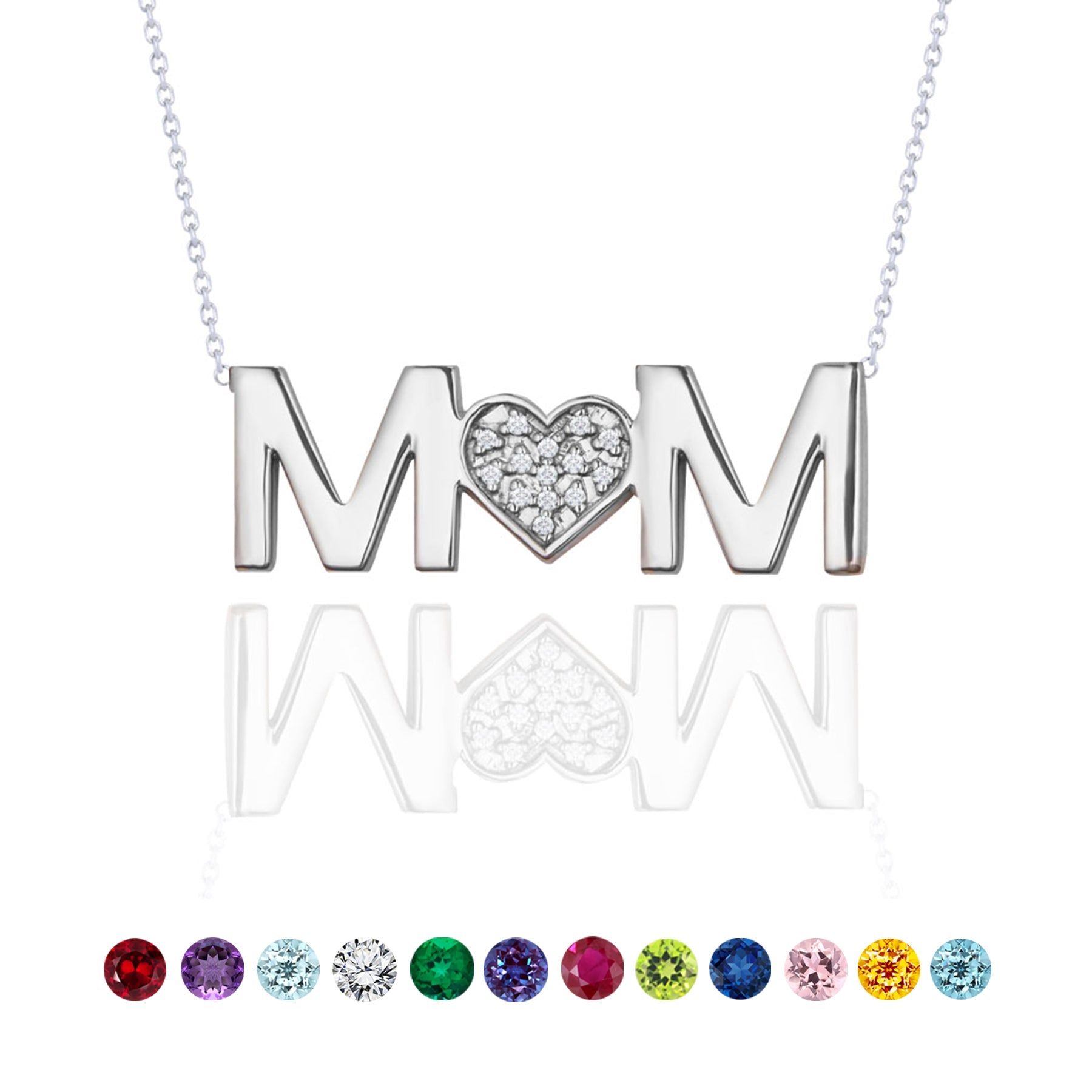 MOM Pendant Necklace - Moissanite Stone - April Birthstone in 18K White Gold over Sterling Silver