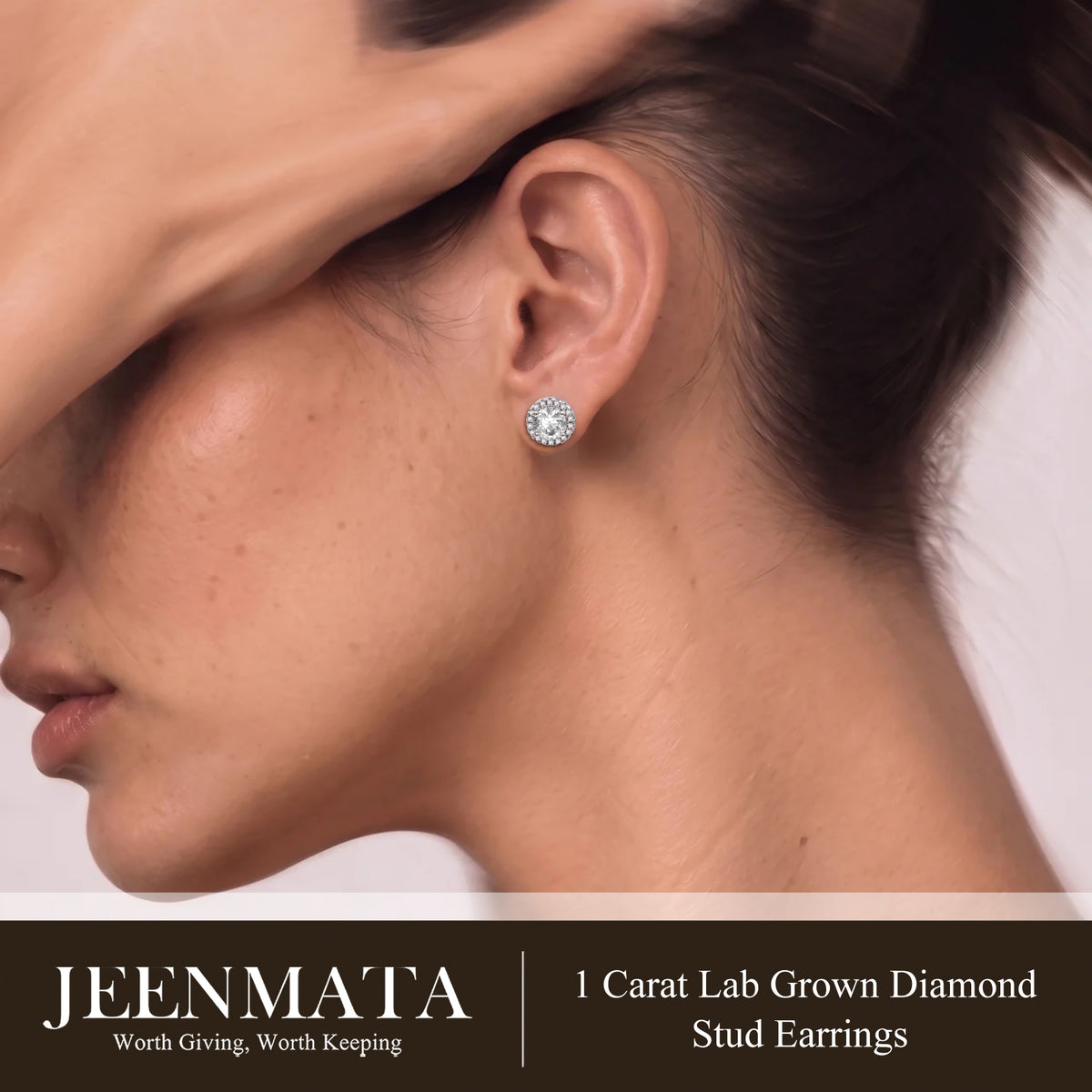 JeenMata Lab Grown Diamond 1 Carat Round Brilliant Cut Halo Stud Earrings in 18K White Gold Plating for Women