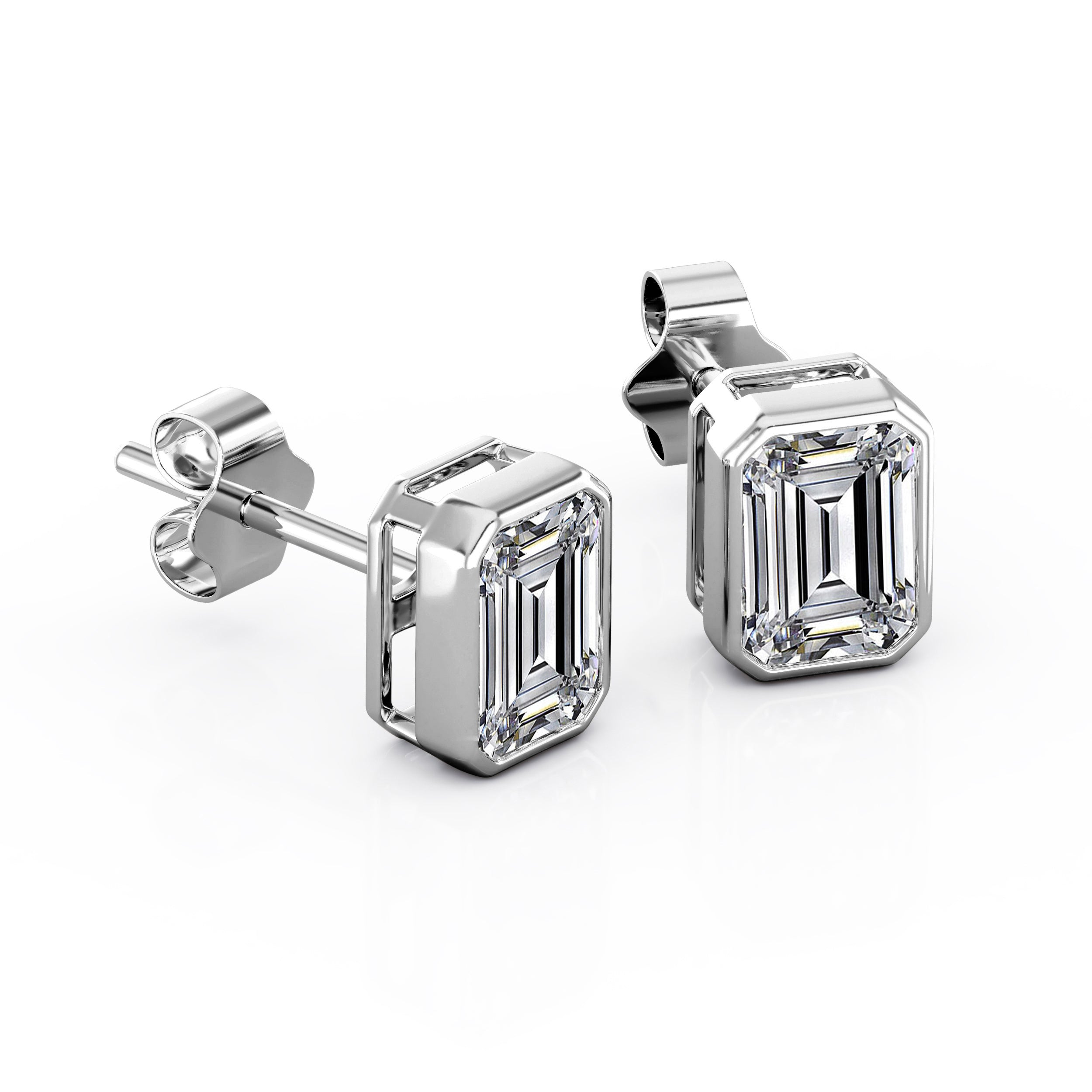 JeenMata Bezel Set 1 Carat Emerald Shaped Moissanite Solitaire Stud Earrings In 18K White Gold Plating Over Silver
