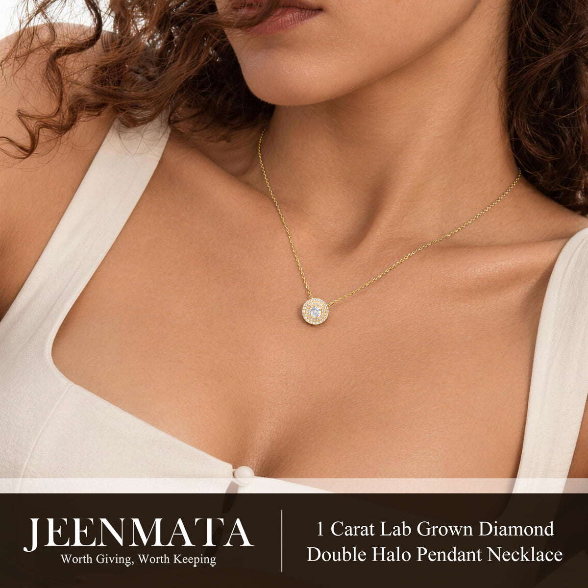 JeenMata Lab Grown Diamond 1 Carat Round Cut Double Halo Pendant Necklace in 18K Yellow Gold Plating for Women