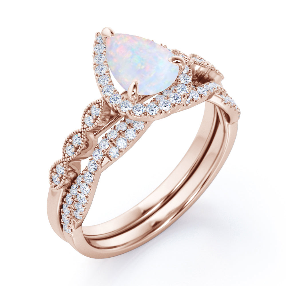 1.5 Carat Pear Cut Lab Created October Birthstone Opal and Moissanite Vintage Engagement Ring - Halo Pave Bridal Set in 18K White Gold Over Silver