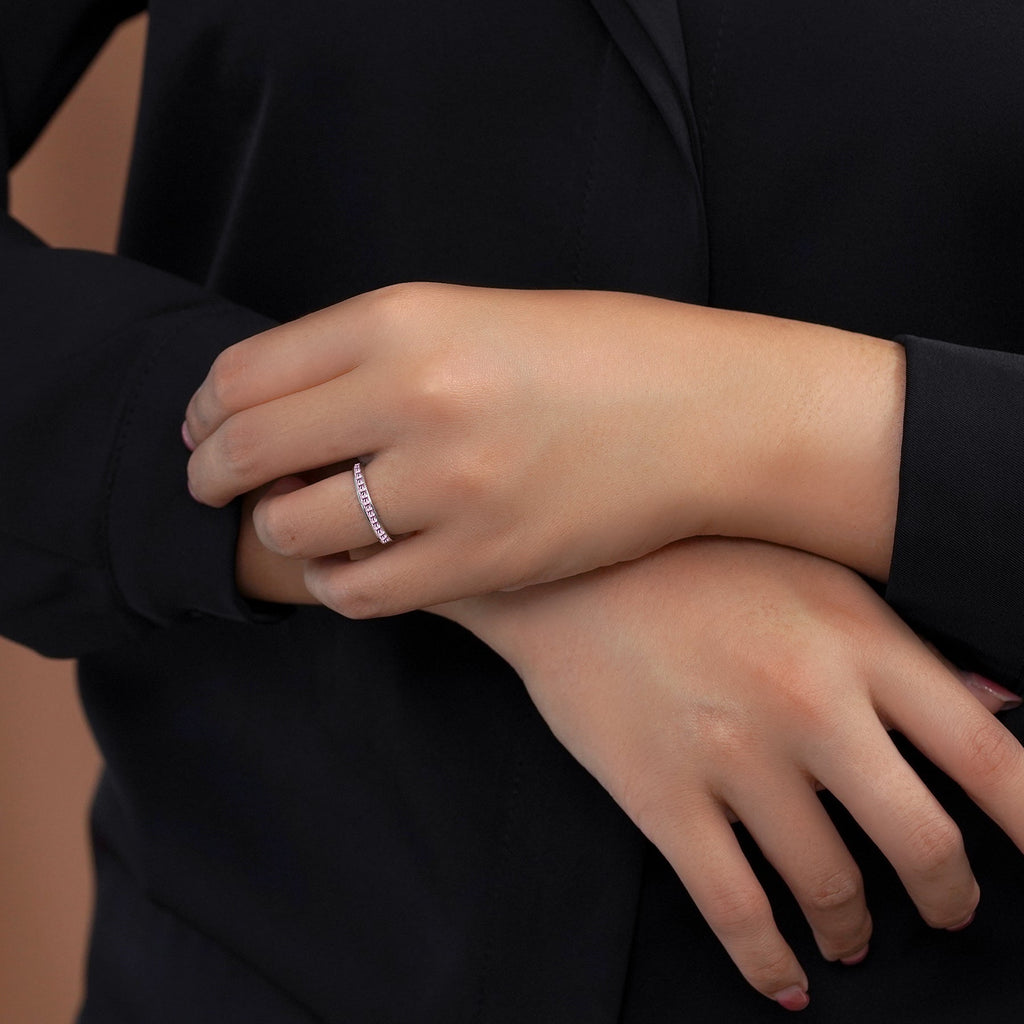 JeenMata 0.25 Carat Princess Cut October Birthstone Wedding Band - Pave Channel Band - 18K White Gold Plating for Women