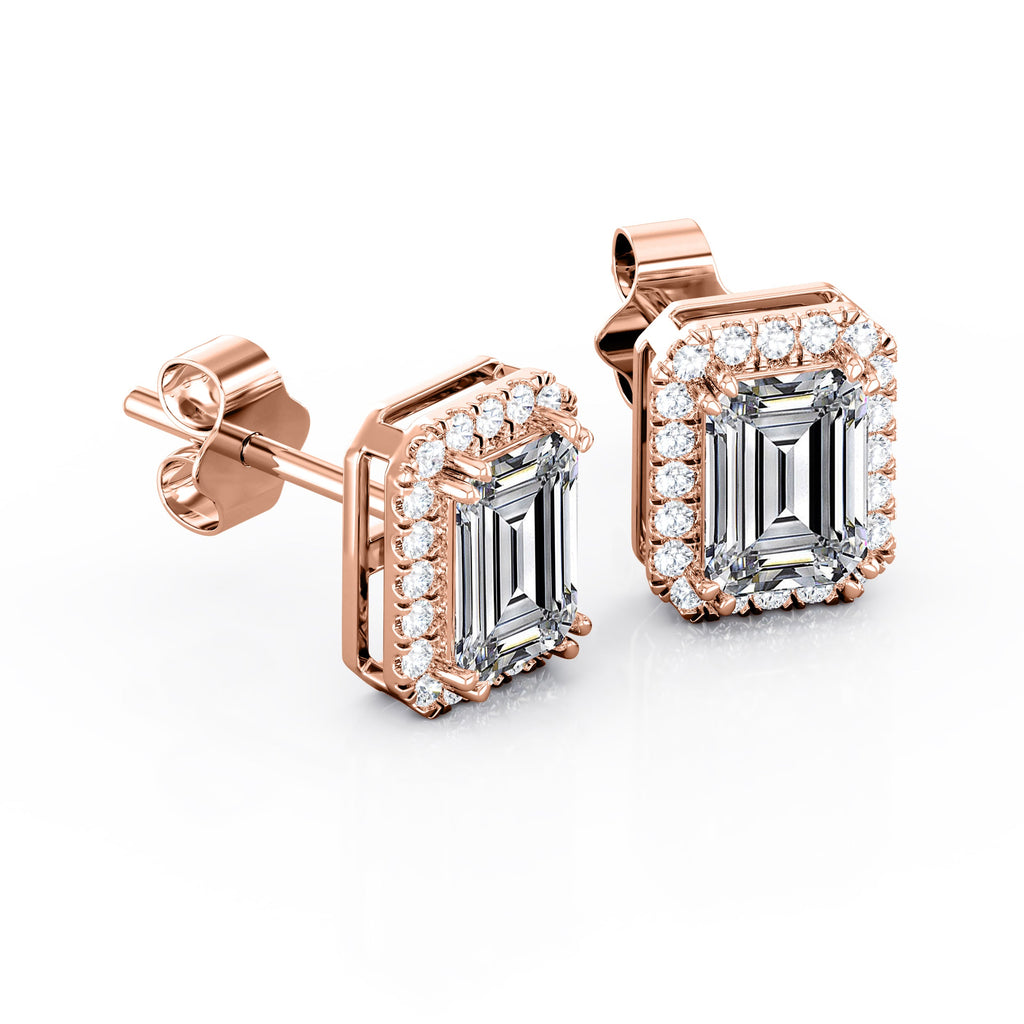 Antique Double Prong 2.10 Carat Emerald Cut Certified Moissanite and Diamond Halo Stud Earrings