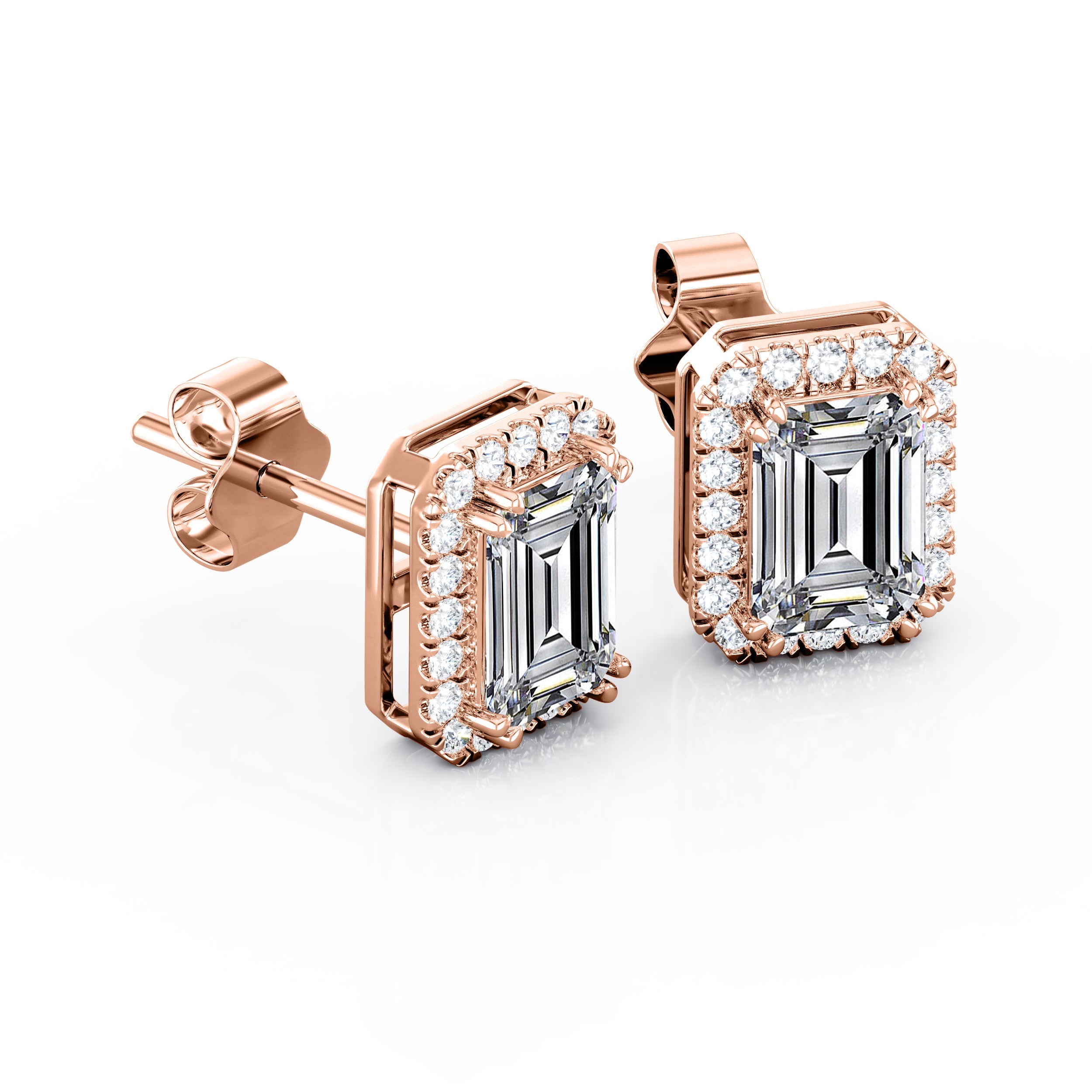 Antique Double Prong 2.10 Carat Emerald Cut Certified Moissanite and Diamond Halo Stud Earrings