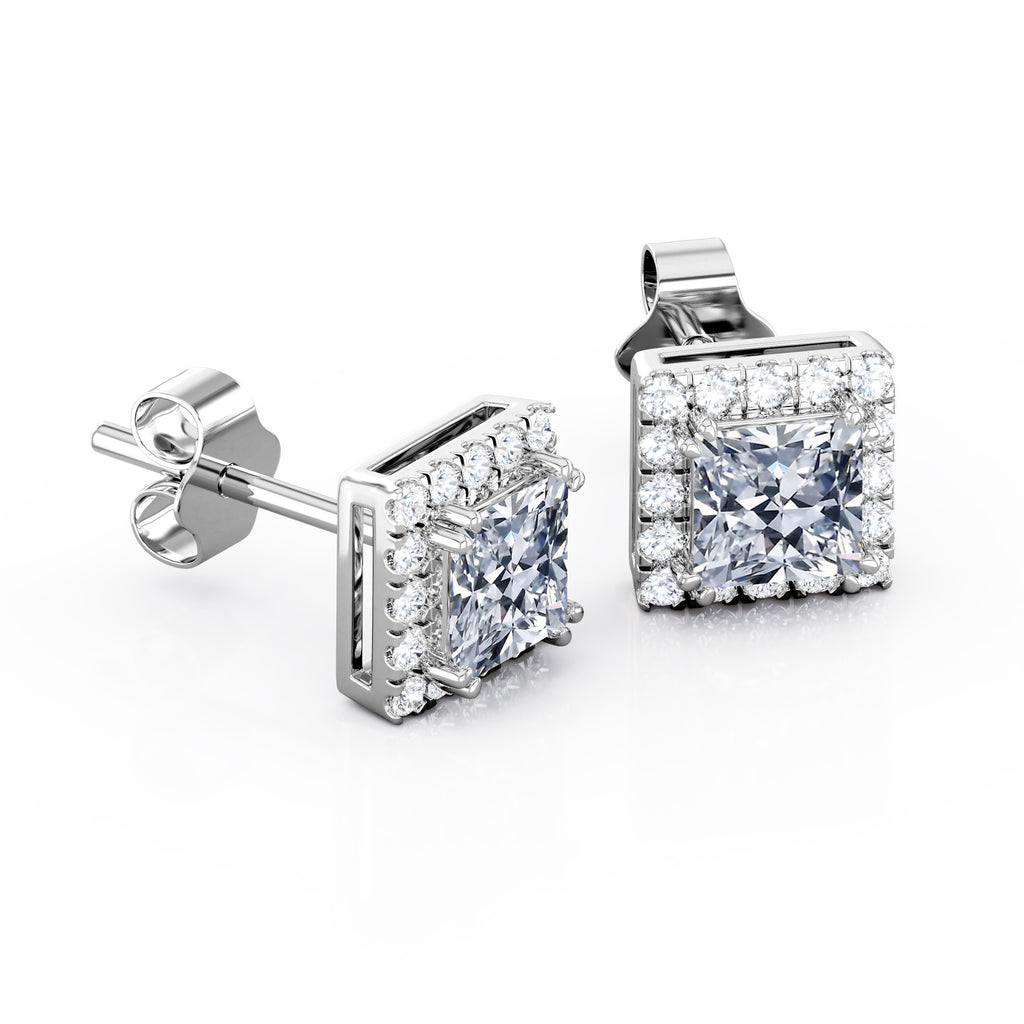 JeenMata Double Prong 1.1 Carat Princess Cut Moissanite Halo Stud Earrings in 18K White Gold Plating over Silver