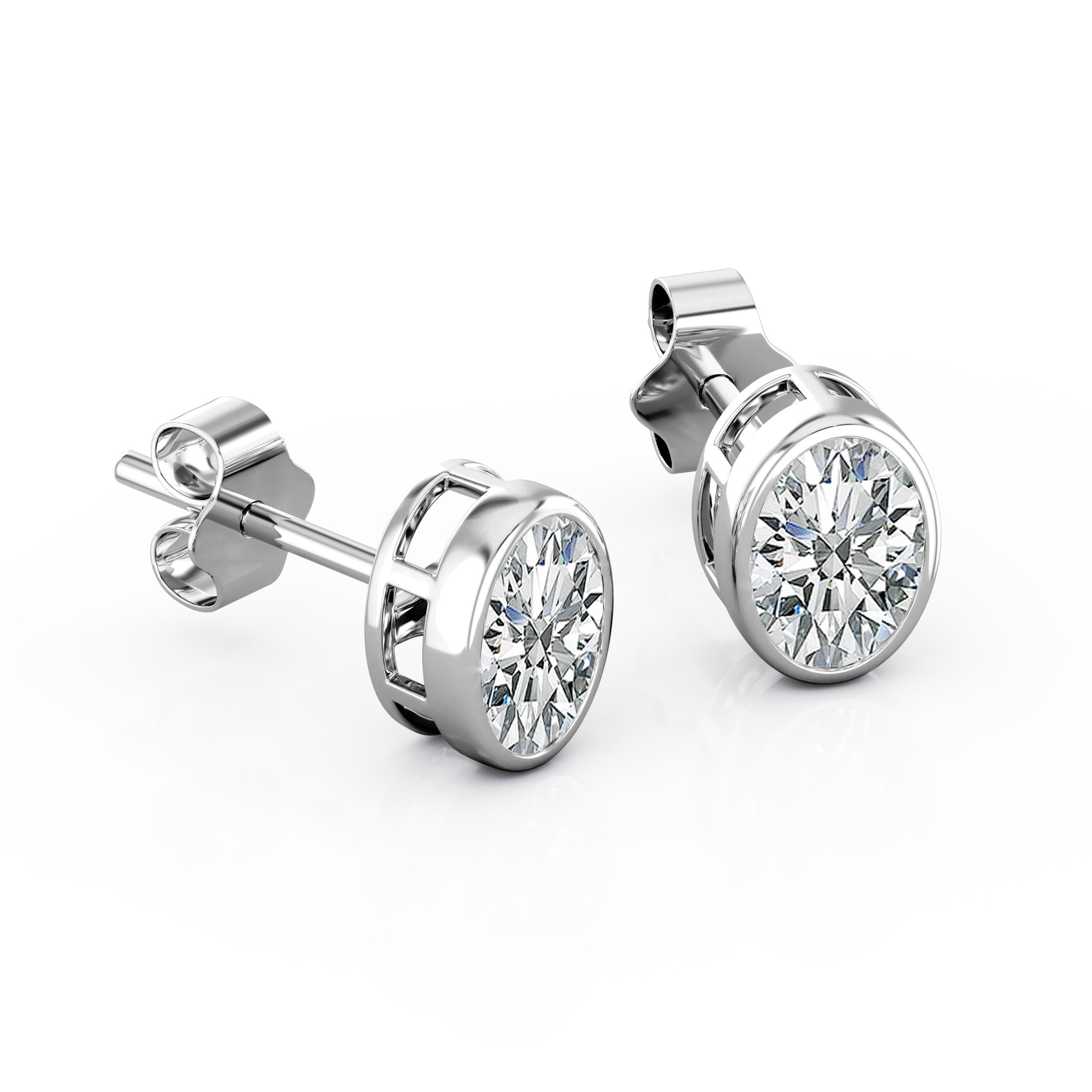 JeenMata Bezel Set 1 Carat Oval Shaped Moissanite Solitaire Stud Earrings In 18K White Gold Plating Over Silver
