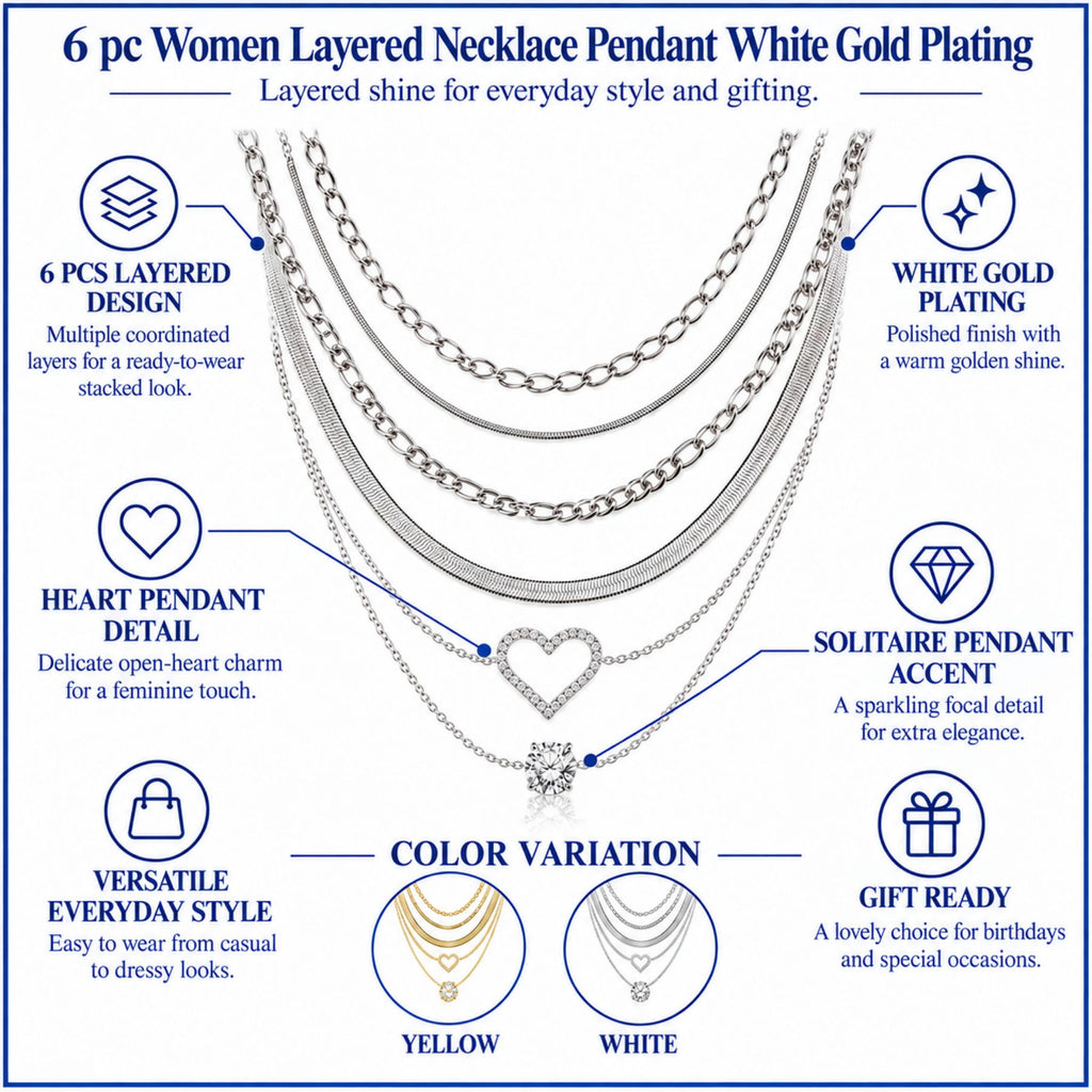 JeenMata Multipack 6 pc Women Layered Necklace Pendant, White Gold Plating, Gold Chain, Choker Necklace, Herringbone Layered Necklace Jewelry Gift