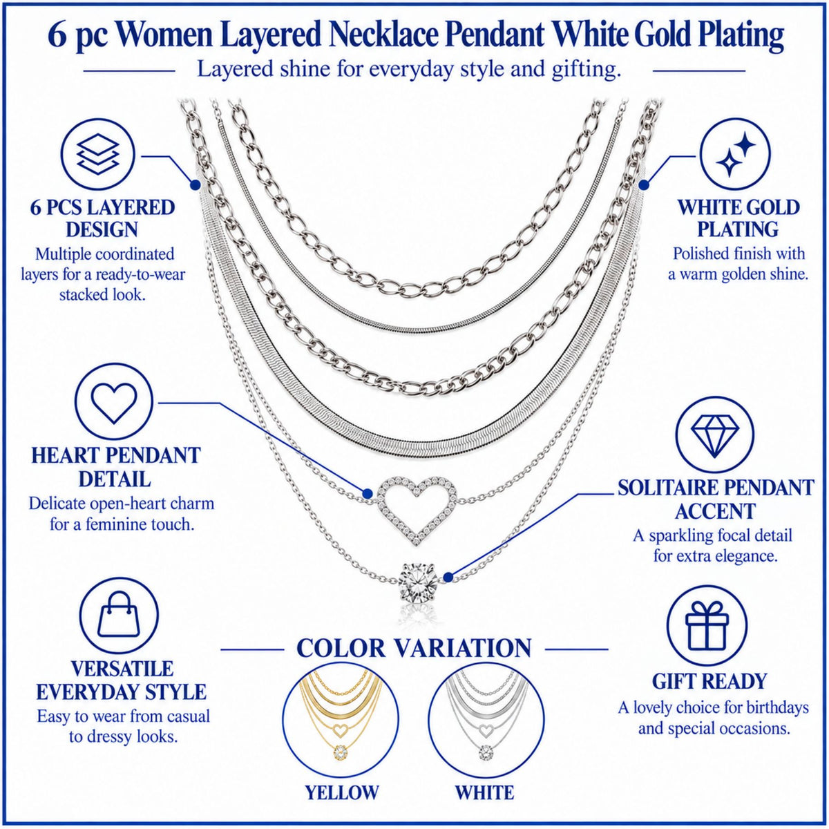JeenMata Multipack 6 pc Women Layered Necklace Pendant, White Gold Plating, Gold Chain, Choker Necklace, Herringbone Layered Necklace Jewelry Gift