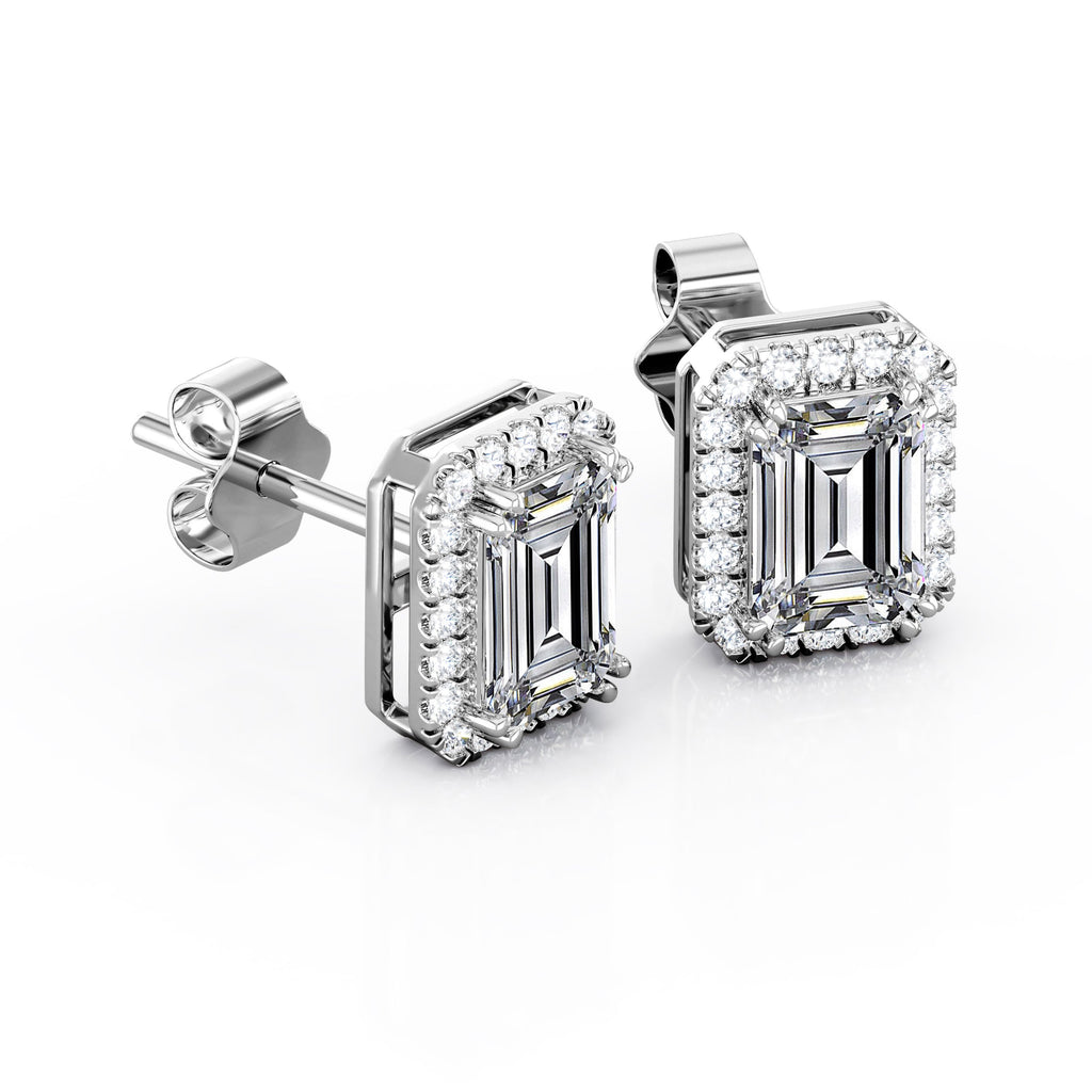Antique Double Prong 2.10 Carat Emerald Cut Certified Moissanite and Diamond Halo Stud Earrings