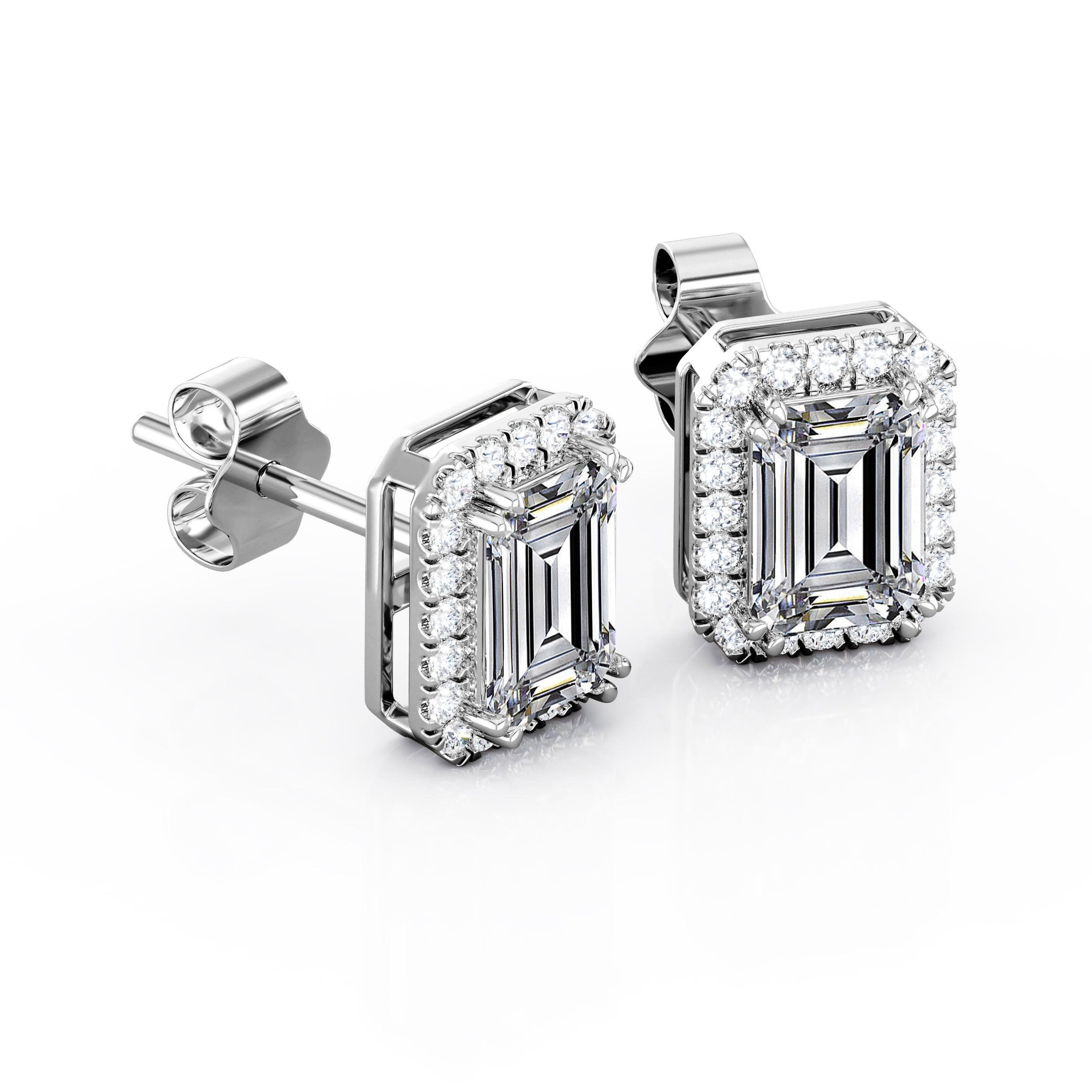 Antique Double Prong 2.10 Carat Emerald Cut Certified Moissanite and Diamond Halo Stud Earrings