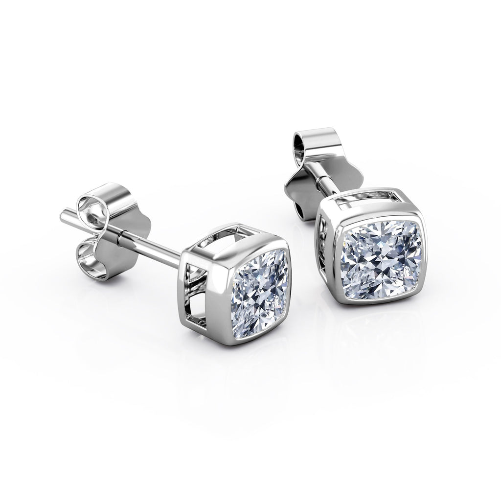 JeenMata Bezel Set 1 Carat Cushion Shaped Moissanite Solitaire Stud Earrings In 18K White Gold Plating Over Silver