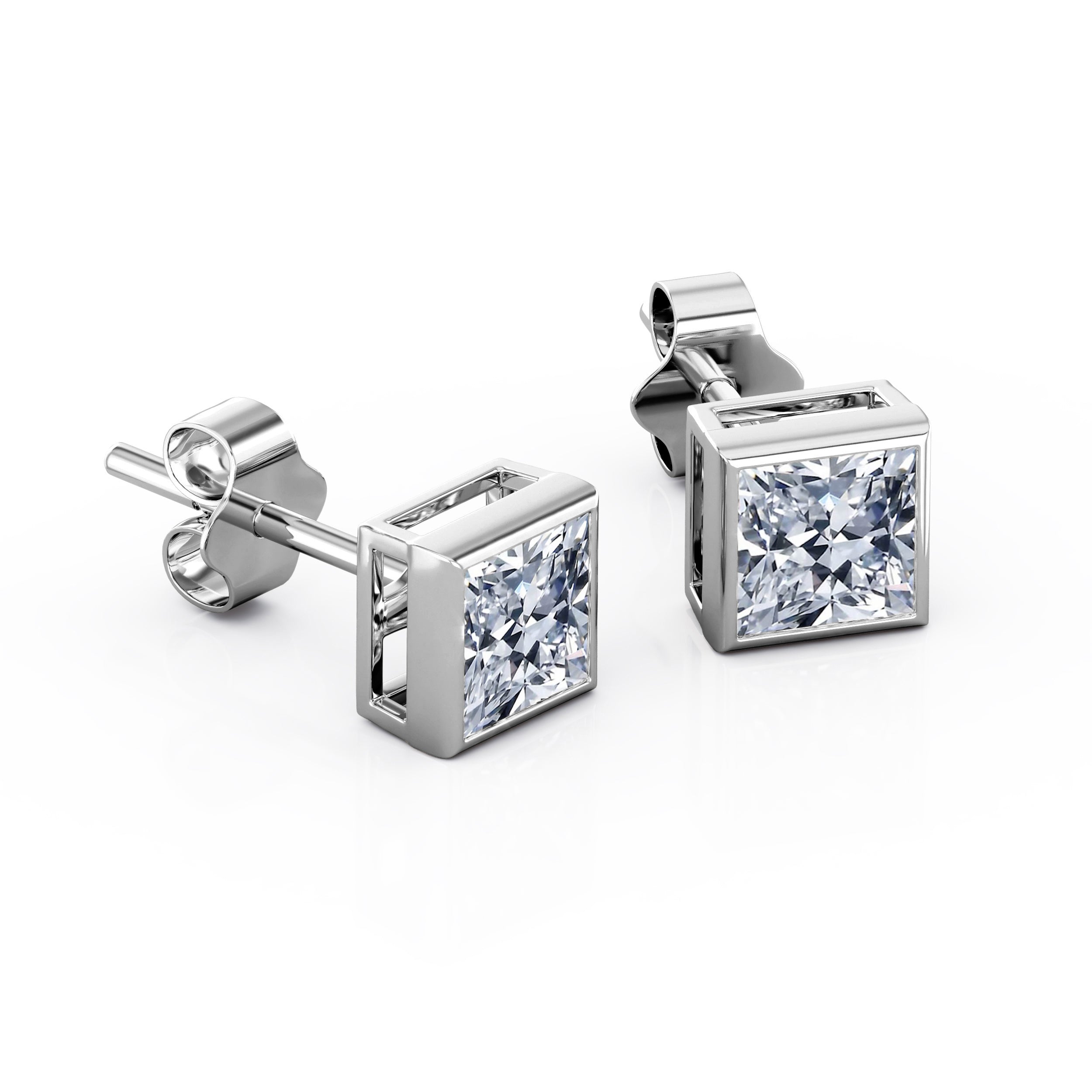 JeenMata Bezel Set 1 Carat Princess Shaped Moissanite Solitaire Stud Earrings In 18K White Gold Plating Over Silver