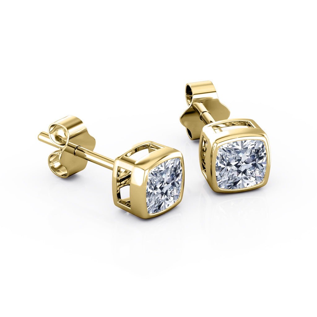 JeenMata Bezel Set 1 Carat Cushion Shaped Moissanite Solitaire Stud Earrings In 18K White Gold Plating Over Silver