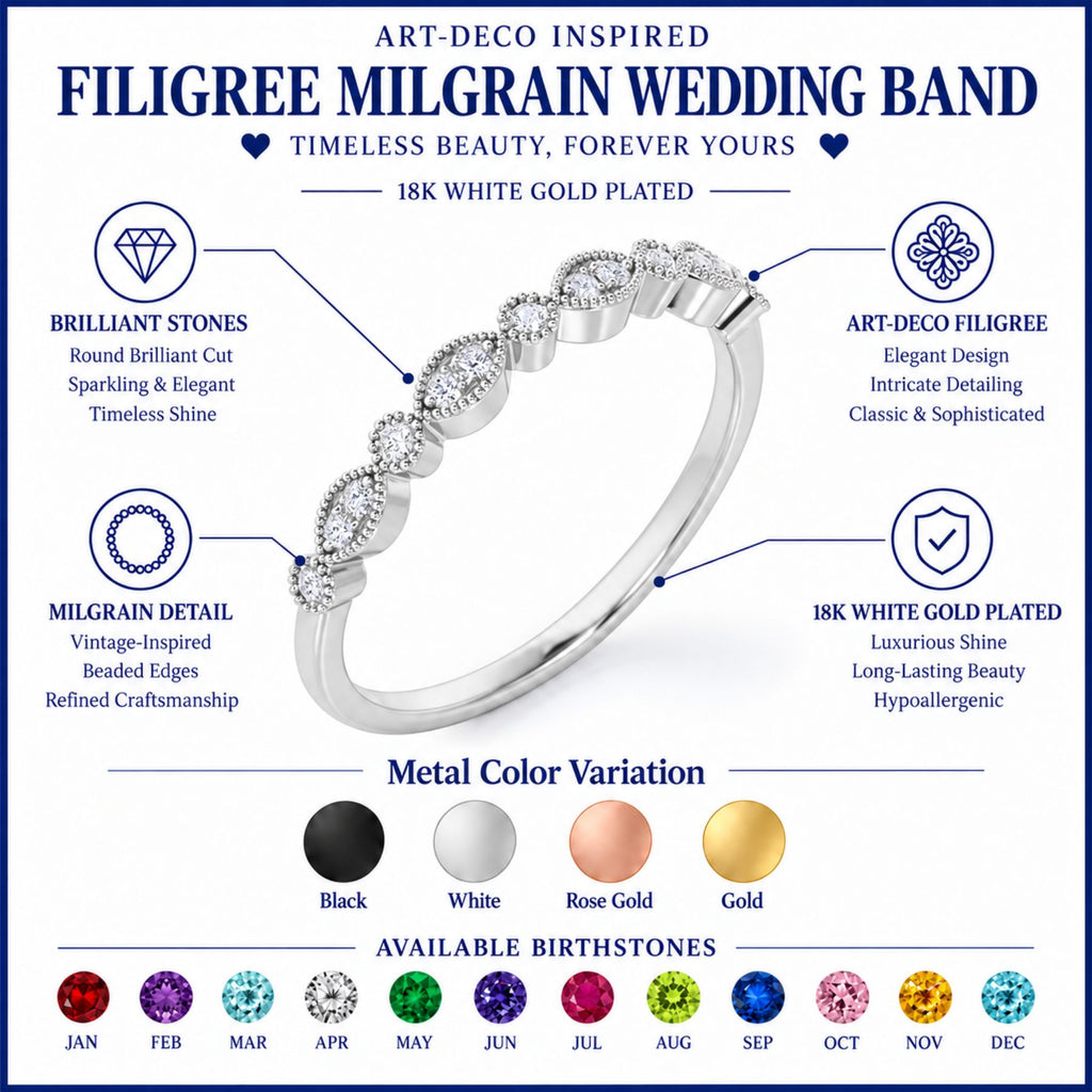 JeenMata Art-Deco 0.25 Carat Round Brilliant Cut April Birthstone Filigree Milgrain Wedding Band in 18K White Gold Plating for Women