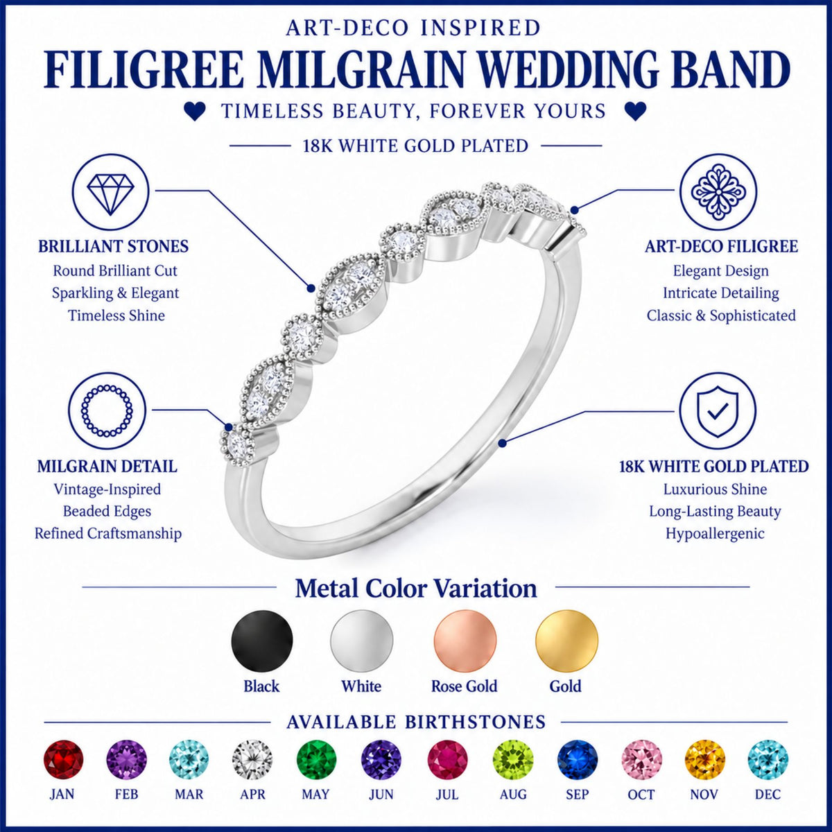 JeenMata Art-Deco 0.25 Carat Round Brilliant Cut April Birthstone Filigree Milgrain Wedding Band in 18K White Gold Plating for Women