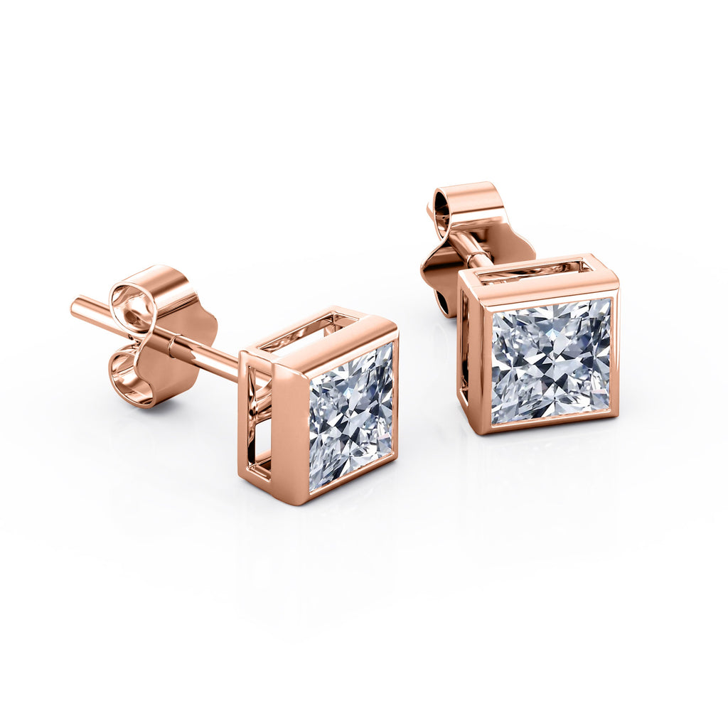 JeenMata Bezel Set 1 Carat Princess Shaped Moissanite Solitaire Stud Earrings In 18K White Gold Plating Over Silver