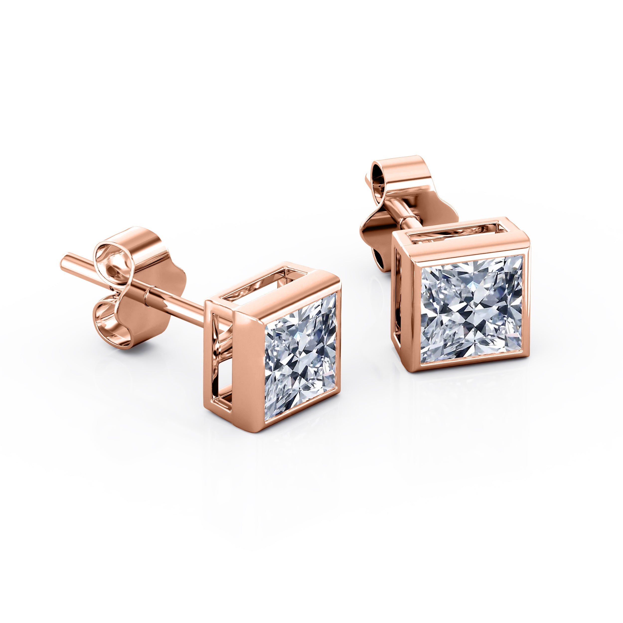JeenMata Bezel Set 1 Carat Princess Shaped Moissanite Solitaire Stud Earrings In 18K White Gold Plating Over Silver