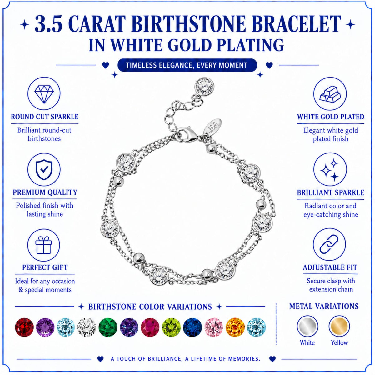 JeenMata 3.5 Carat April Cubic Zirconia Birthstone Double Layer Bracelet - in White Gold Plating for Women