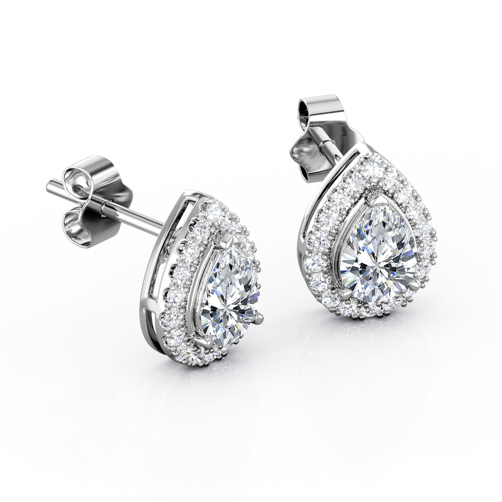 JeenMata Triple Prong Set 1.1 Carat Pear Shape Moissanite Cluster Halo Stud Earrings in 18K White Gold Plating over Silver