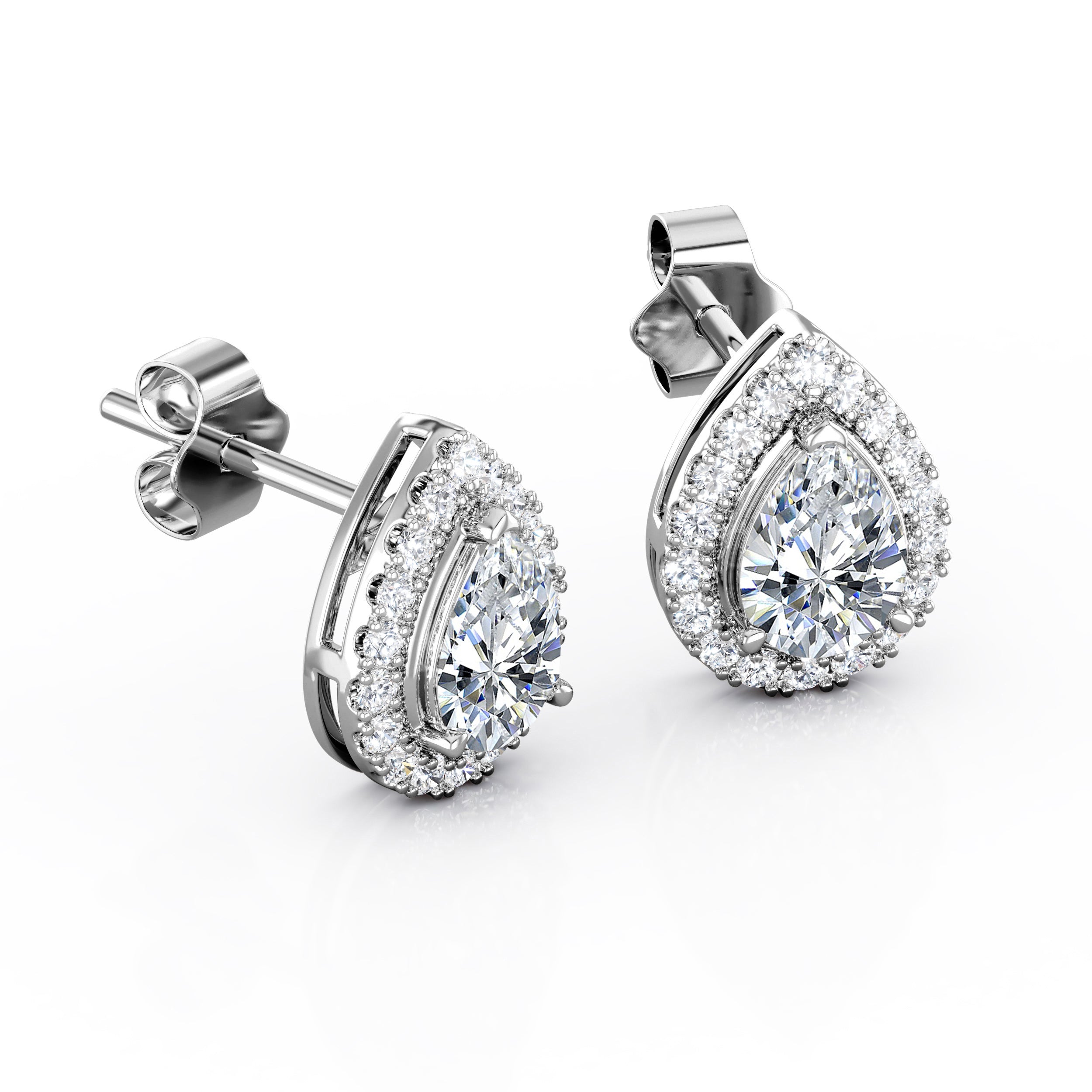 JeenMata Triple Prong Set 1.1 Carat Pear Shape Moissanite Cluster Halo Stud Earrings in 18K White Gold Plating over Silver