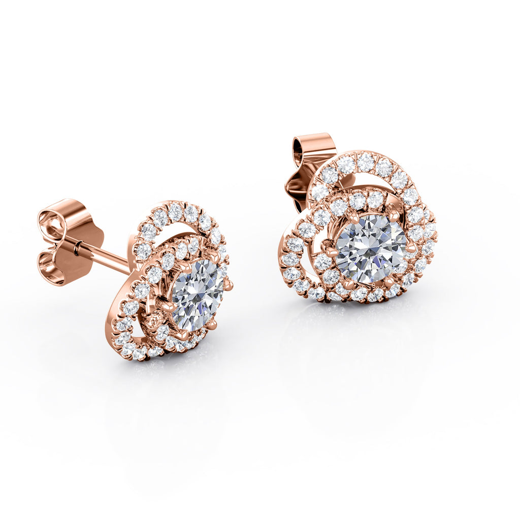 Flower Knot 0.70 Carat Round Cut Certified Moissanite and Diamond French Pave Ear Studs in Rose Gold