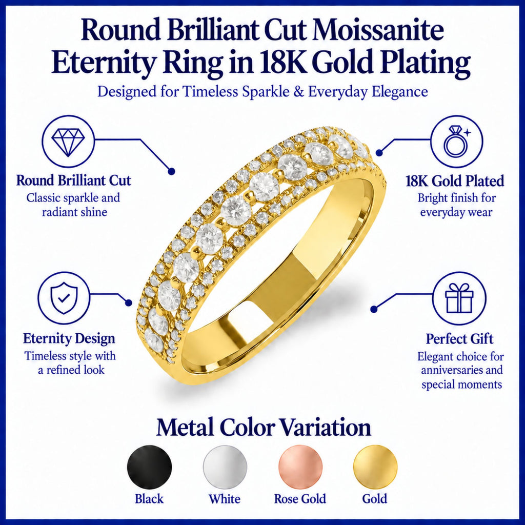 JeenMata Double Pave - 0.75 Carat Round Brilliant Cut Moissanite - Eternity Anniversary Ring - 18K Yellow Gold Plating for Women