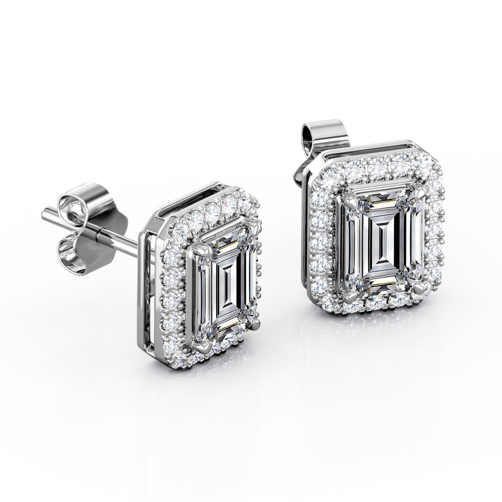 JeenMata Halo Cluster 1.1 Carat Emerald Cut Moissanite 4 Prong Set Stud Earrings in 18K White Gold Plating over Silver