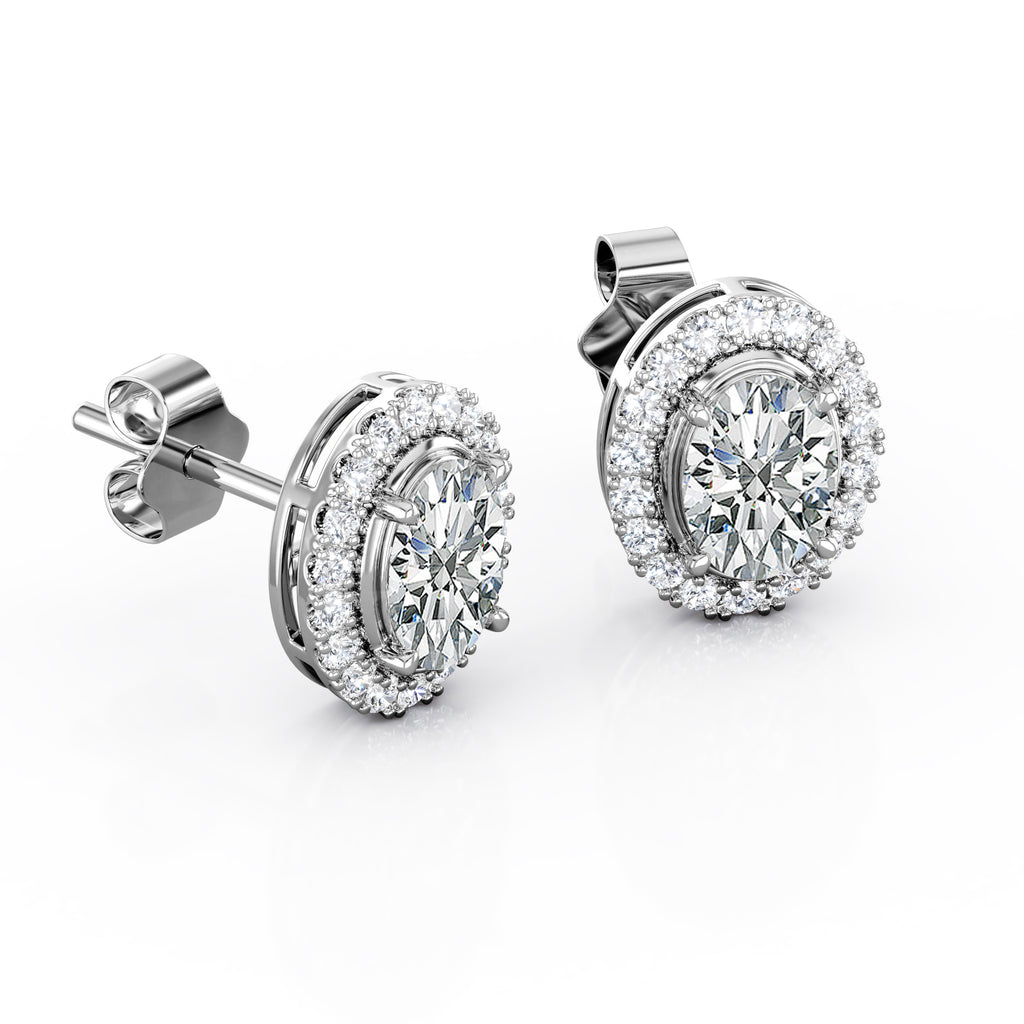 JeenMata 1.1 Carat Oval Cut Moissanite - Cluster Halo - Prong Set Stud Earrings - 18K White Gold Plating over Silver