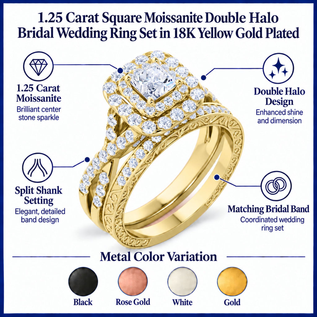 JeenMata 1.25 Carat Square Moissanite Engagement Ring for Women, Double Halo Bridal Wedding Ring Set with Twisted Band in 18K Yellow Gold Plated