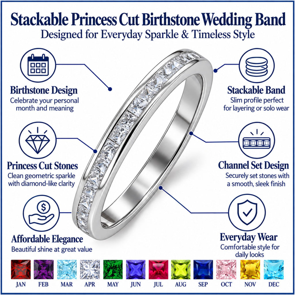 JeenMata 0.25 Carat Princess Cut April Birthstone Wedding Band - Pave Channel Band - 18K White Gold Plating for Women