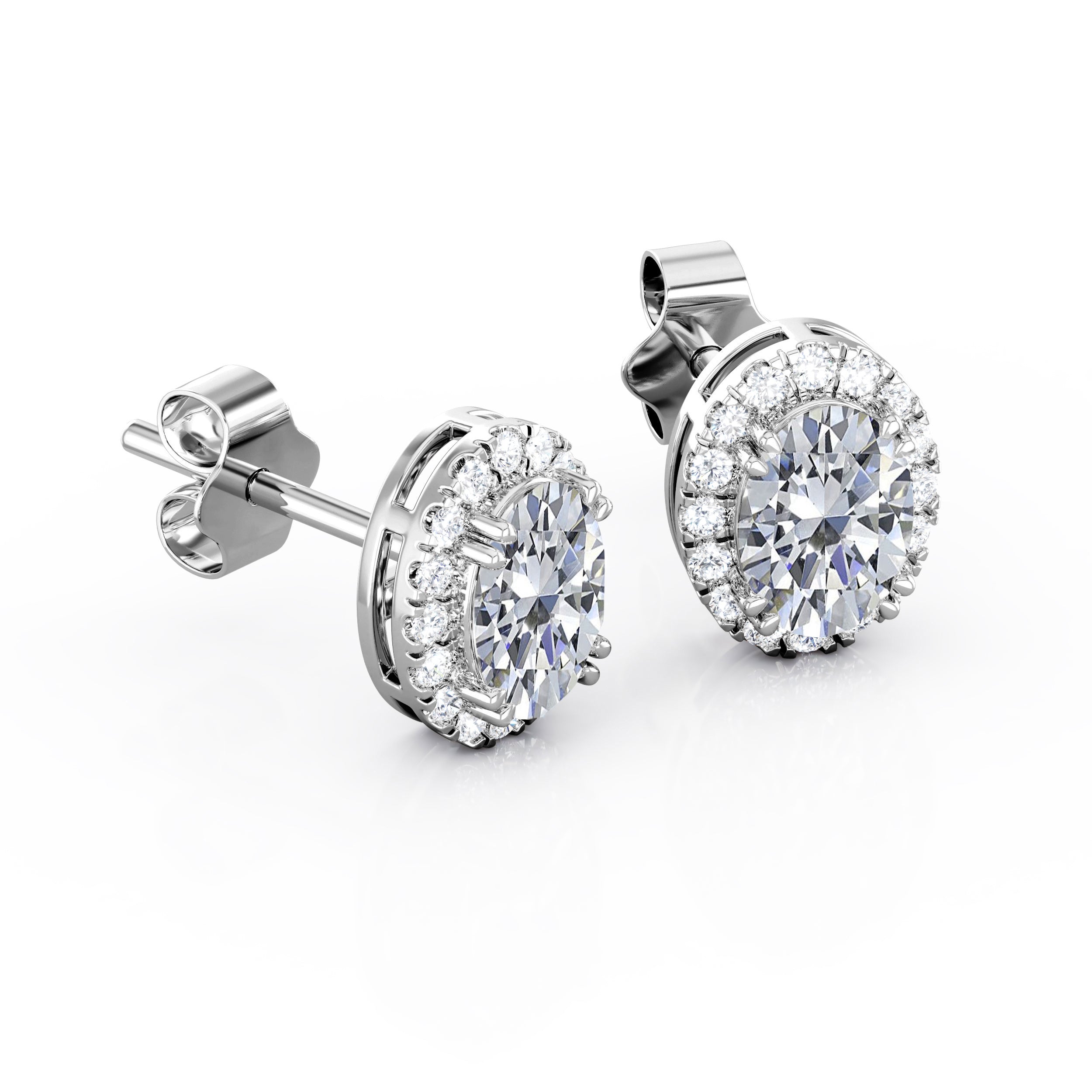 Basket Prong 1.25 Carat Oval Cut Certified Moissanite and Diamond Halo Pave Stud Earrings in Rose Gold