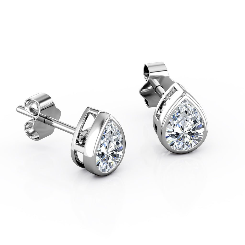 JeenMata Bezel Set 1 Carat Pear Shaped Moissanite Solitaire Stud Earrings In 18K White Gold Plating Over Silver