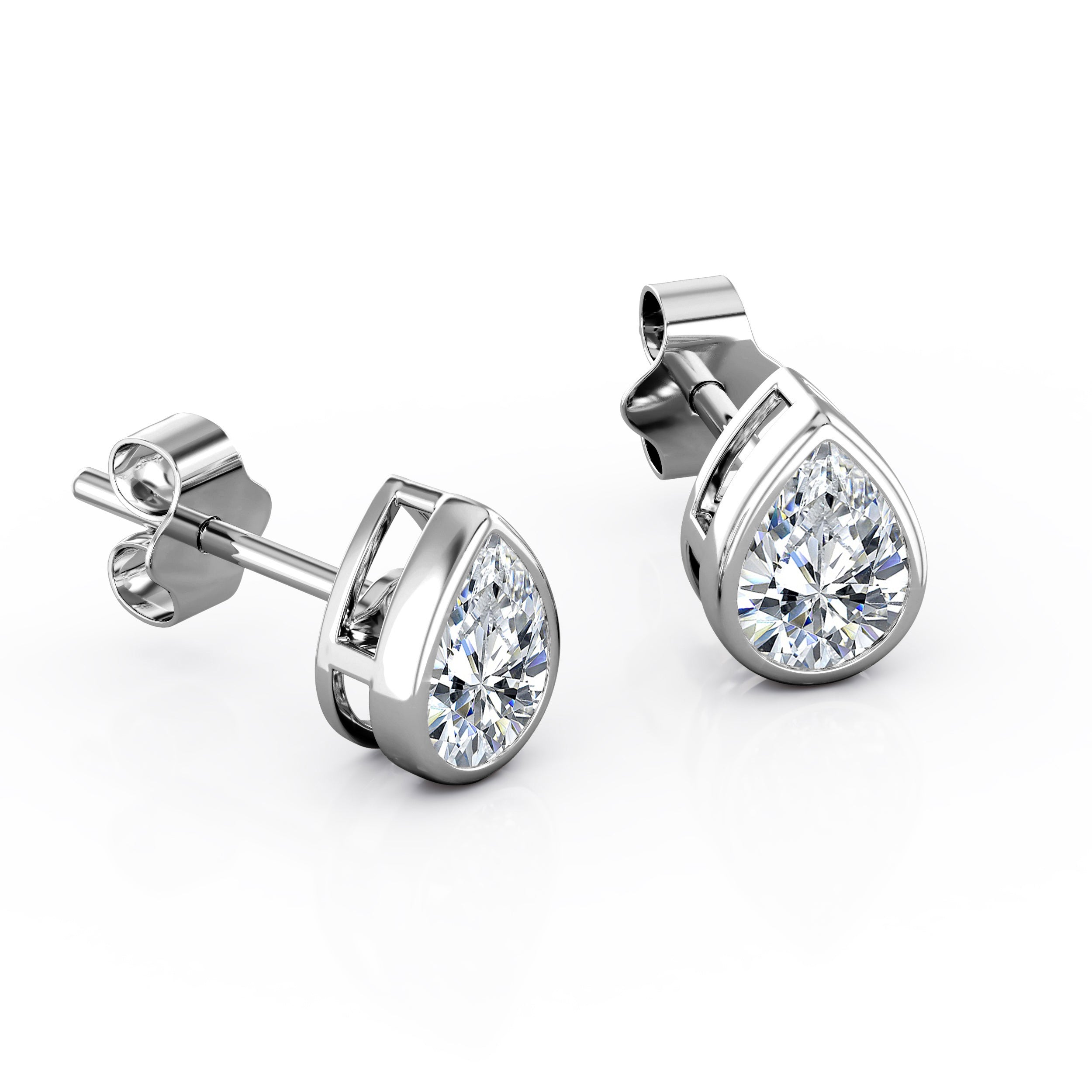 JeenMata Bezel Set 1 Carat Pear Shaped Moissanite Solitaire Stud Earrings In 18K White Gold Plating Over Silver