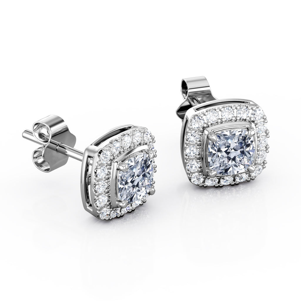 JeenMata 4 Prong Setting - 1.1 Carat Cushion Cut Moissanite Halo Cluster Stud Earrings - 18K White Gold Plating over Silver