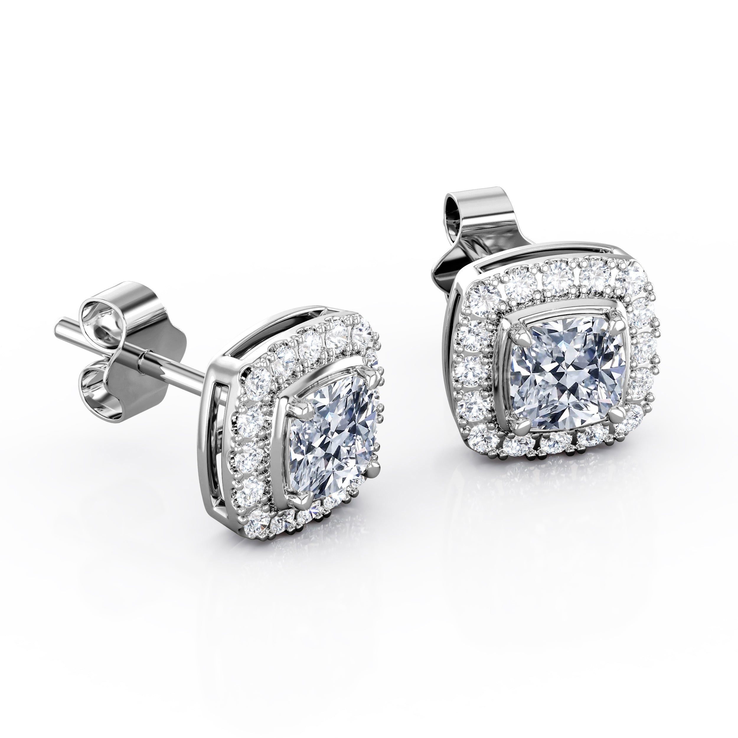 JeenMata 4 Prong Setting - 1.1 Carat Cushion Cut Moissanite Halo Cluster Stud Earrings - 18K White Gold Plating over Silver
