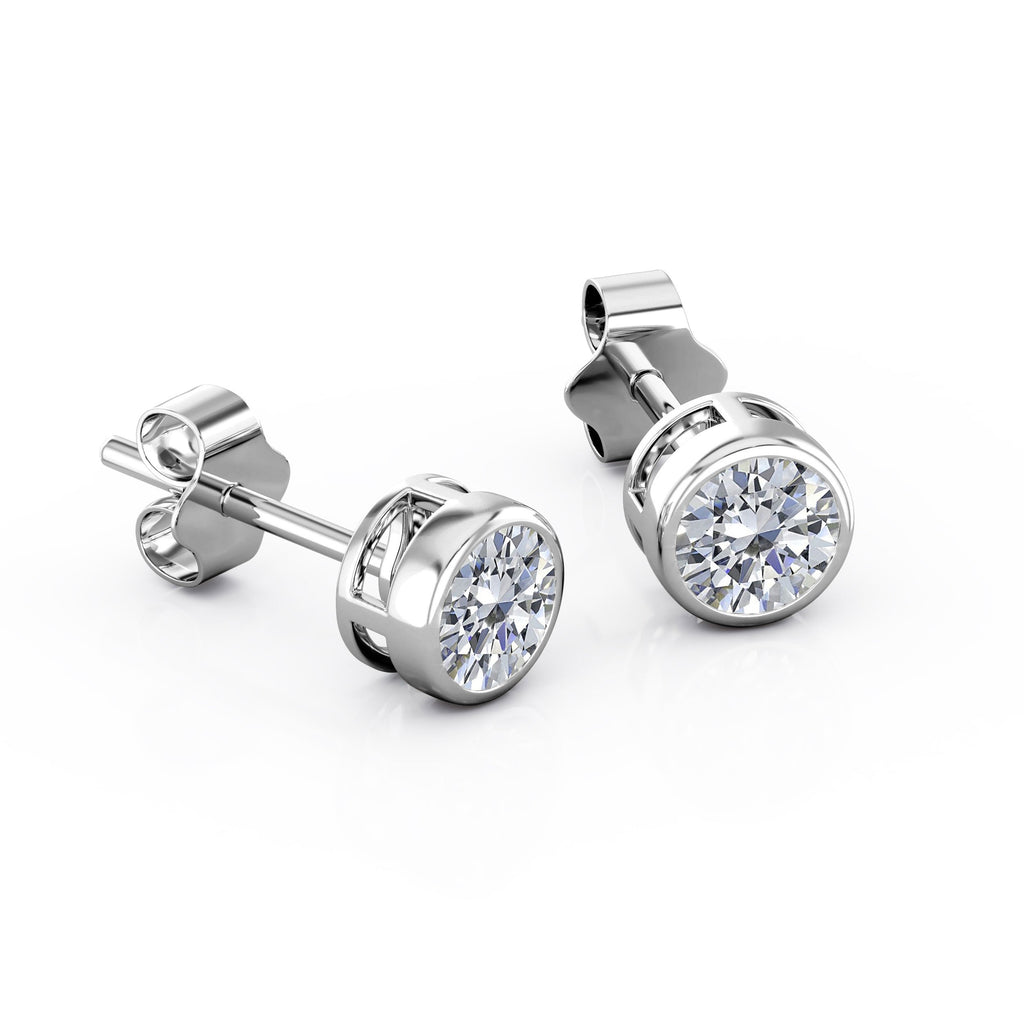 Bezel Set 1 Carat Round Shaped CVD Lab Grown Diamond Solitaire Stud Earrings In 18K White Gold Plating Over Silver