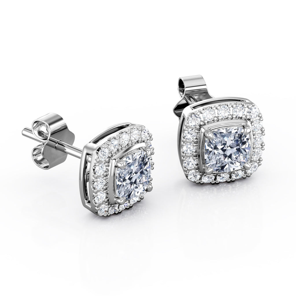 4 Prong Set 1 Carat Round Cut CVD Lab Grown Diamond Halo Stud Earrings in 18K White Gold Plating over Silver