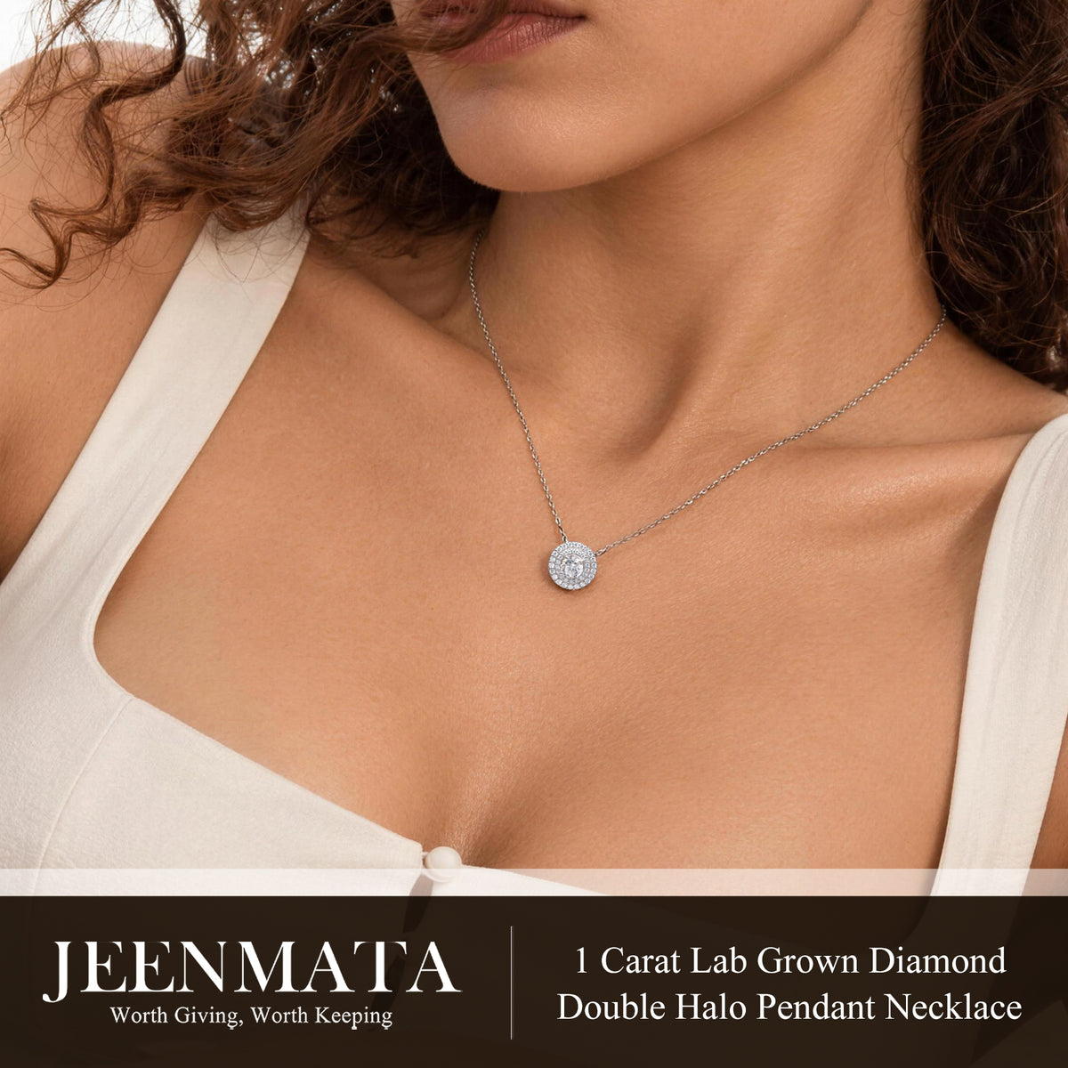 JeenMata Lab Grown Diamond 1 Carat Round Cut Double Halo Pendant Necklace in 18K White Gold Plating for Women