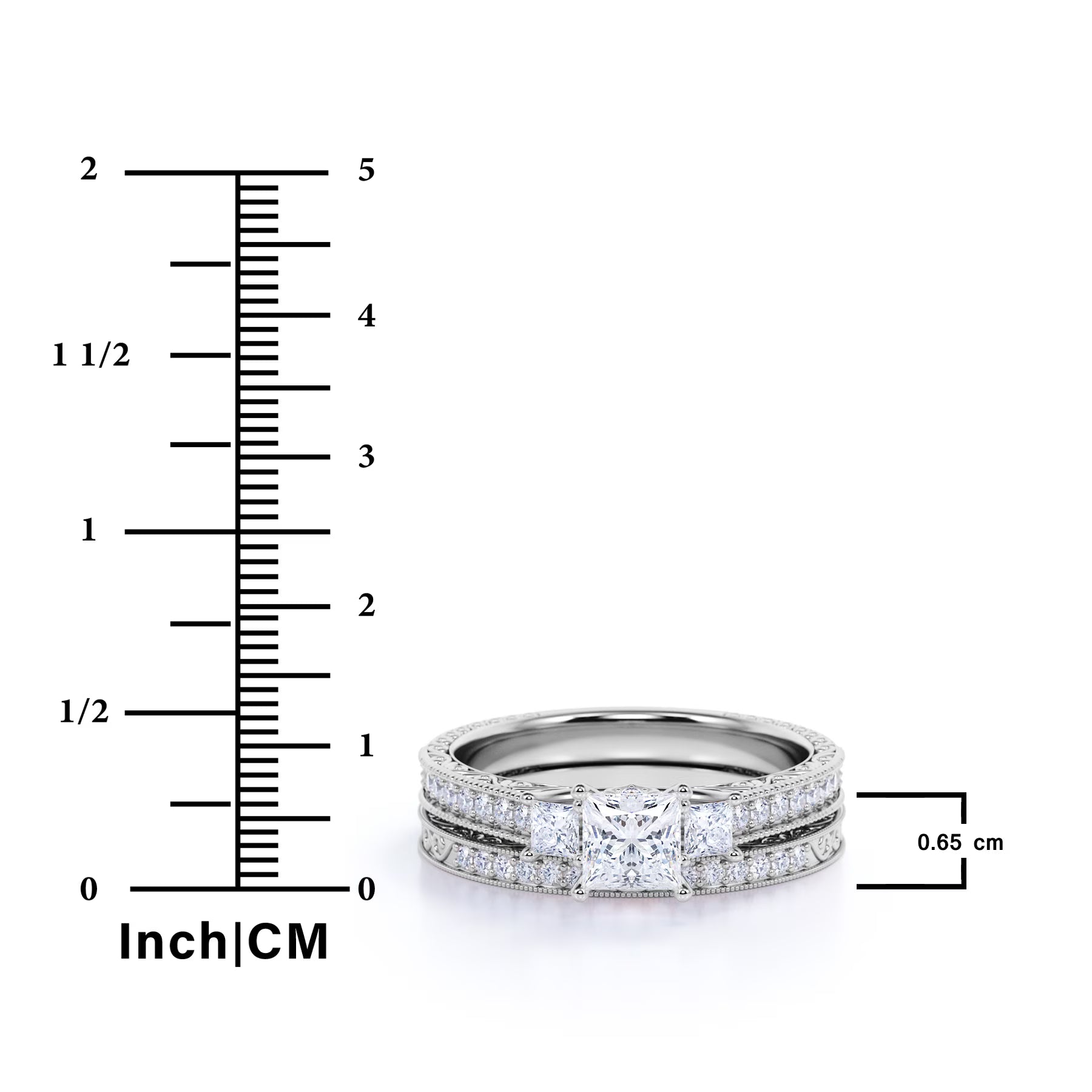 JeenMata 1.25 ct - Princess Cut Moissanite - Pave - Three Stone Ring - Victorian Style - Vintage Gothic Wedding Ring Set in 18K Black Gold Plating for Women