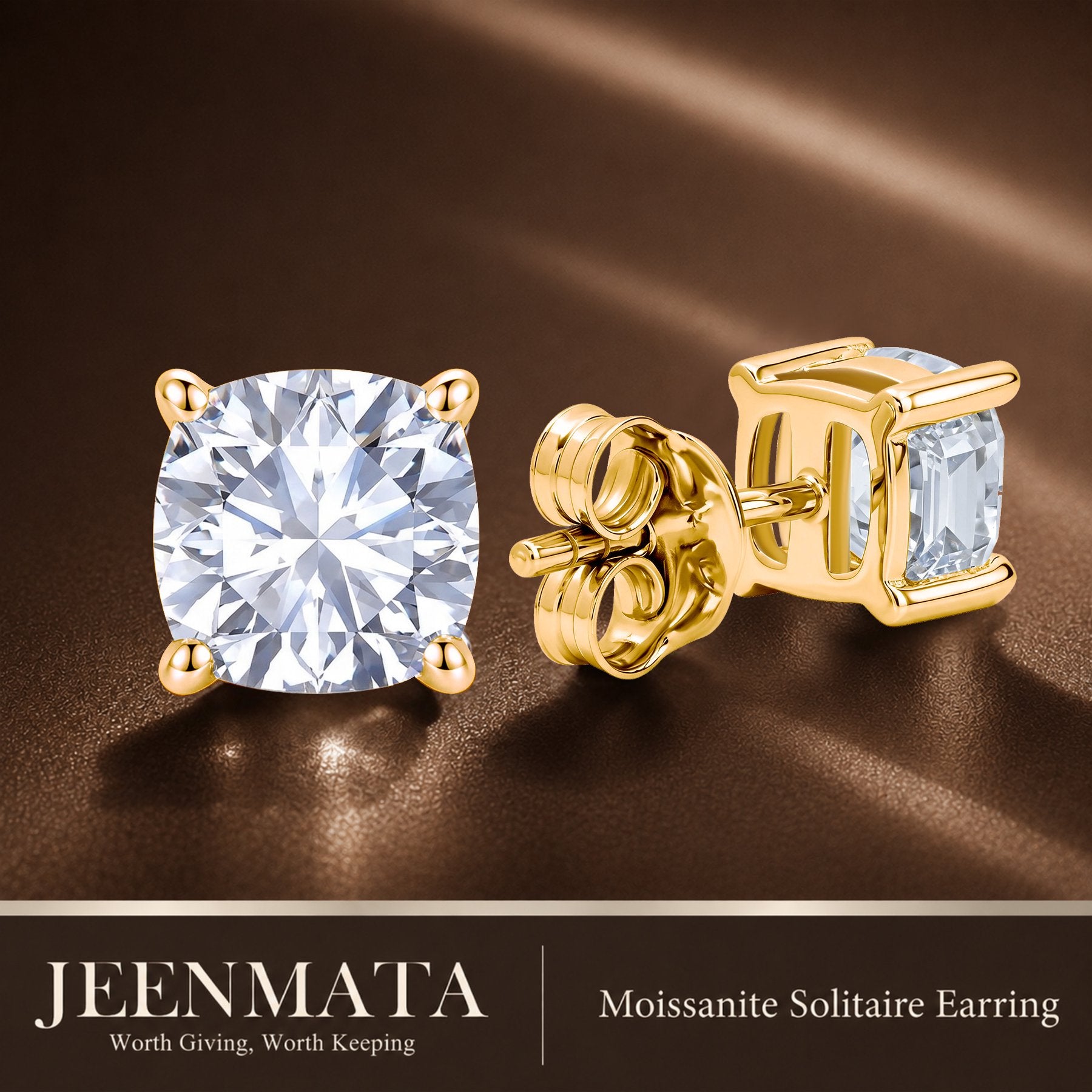 JeenMata 1 Carat Cushion Solitaire Moissanite Stud Earrings for Women, Earrings for Men, 18K Yellow Gold Plated, Hypoallergenic Earrings, D VS1, Stud Earring for Woman, Jewelry, Gift, Earrings