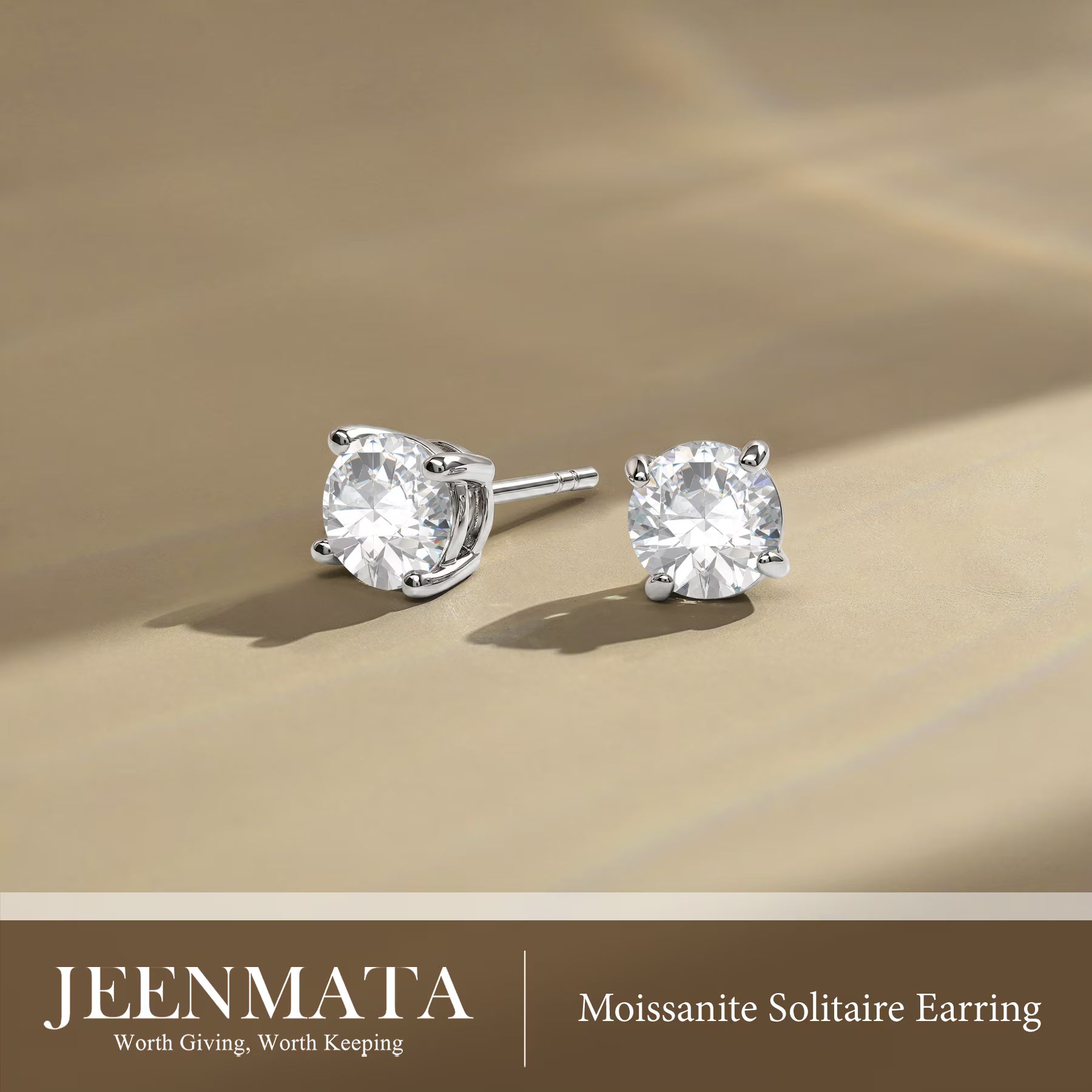 JeenMata 1 Carat Round Moissanite - 4 Prong Solitaire Stud Earrings in 18k White Gold Plating for Women