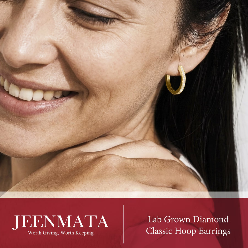 JeenMata Lab Grown Diamond Hoop Earrings - Round Cut Classic Earrings in Yellow Gold Plating for Women