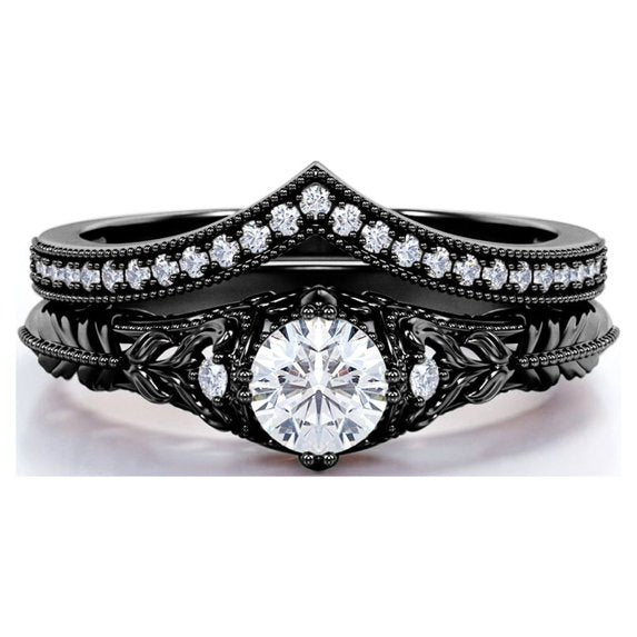 JeenMata Engraved 0.75 Carat Round Cut Lab Grown Diamond Victorian-Inspired Wedding Ring Set with Chevron Wedding Band in 10k Black Gold