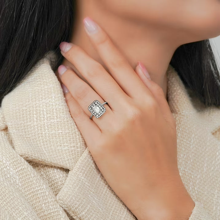 JeenMata 1.5 Carat Emerald Cut Moissanite Engagement Ring - Bridal Ring - Double Halo Ring - Cluster Ring - 18k Black Gold Plating for Women